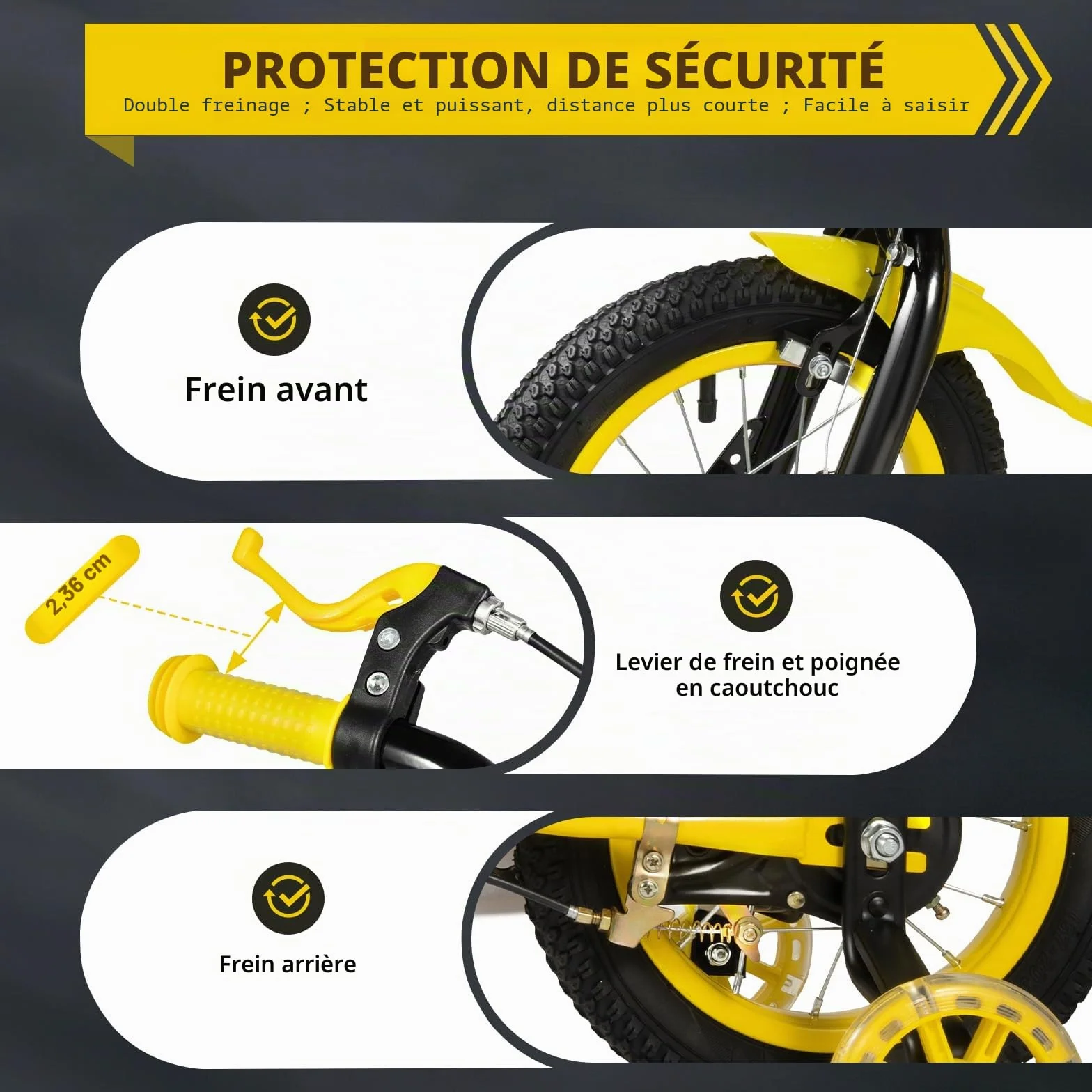 Vélo Enfant 12 Pouces Jaune pour garçons et Filles à partir de 2 à 5 Ans avec Roues stabilisatrices Selle réglable en Hauteur Guidon Panier Porte-Bouteille Double Frein Acier vélo Enfant vélo