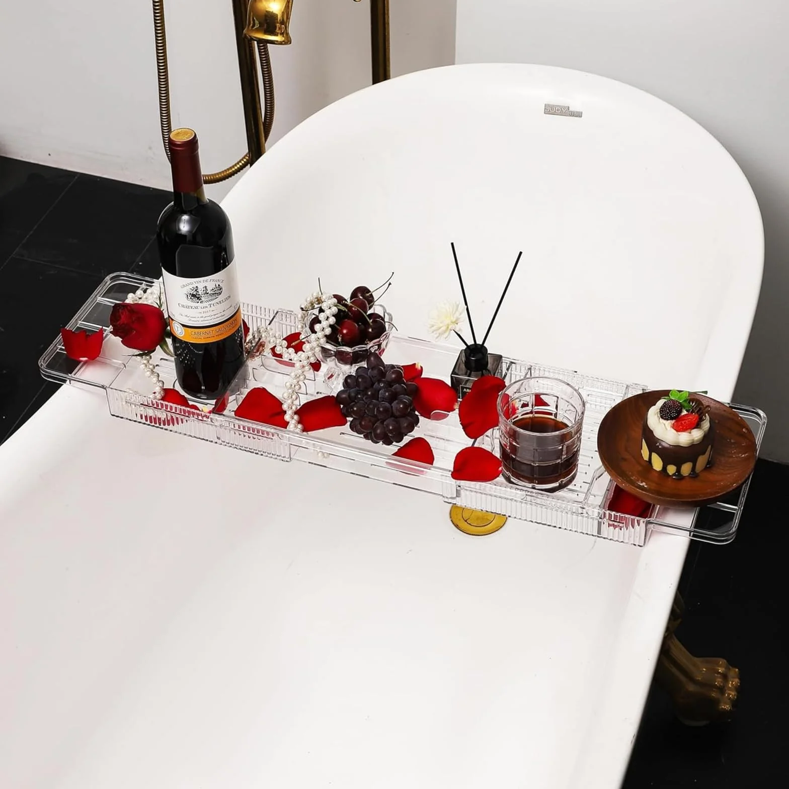 Plateau de baignoire réglable en plastique transparent avec évacuation d'eau
