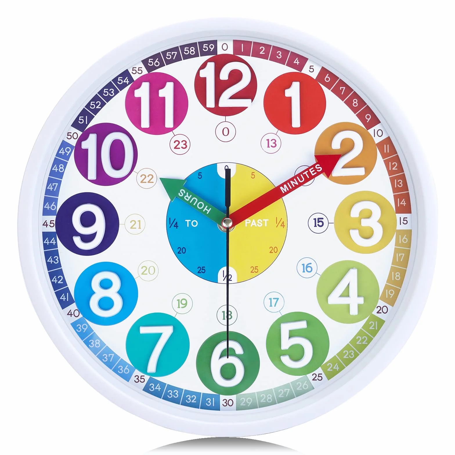 Horloge Murale Enfant Apprentissage Colorée 3D Chiffres Facile à Lire 30 cm