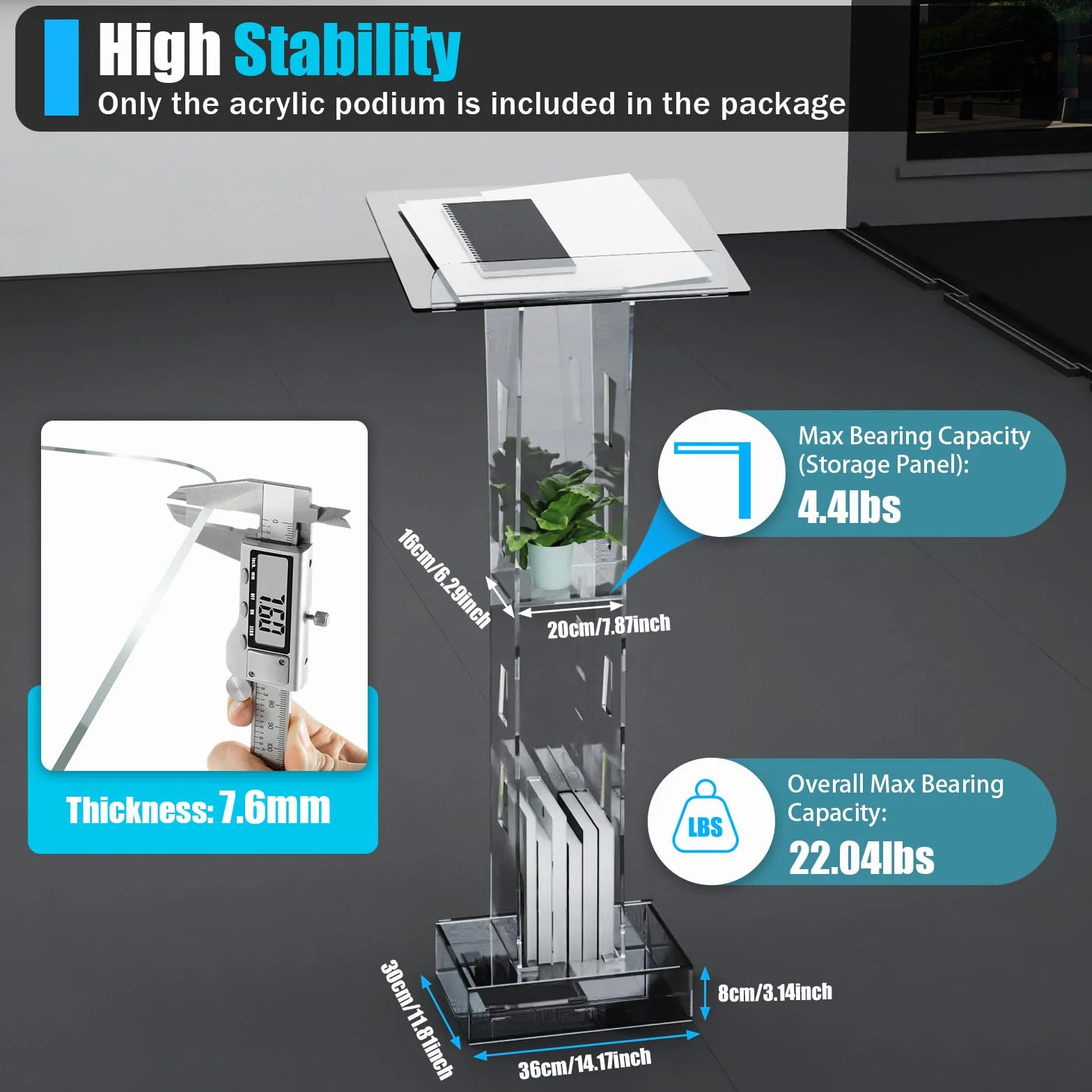 Pupitre de conférencier en acrylique transparent LED avec plateforme de lecture verticale - Podium pour discours