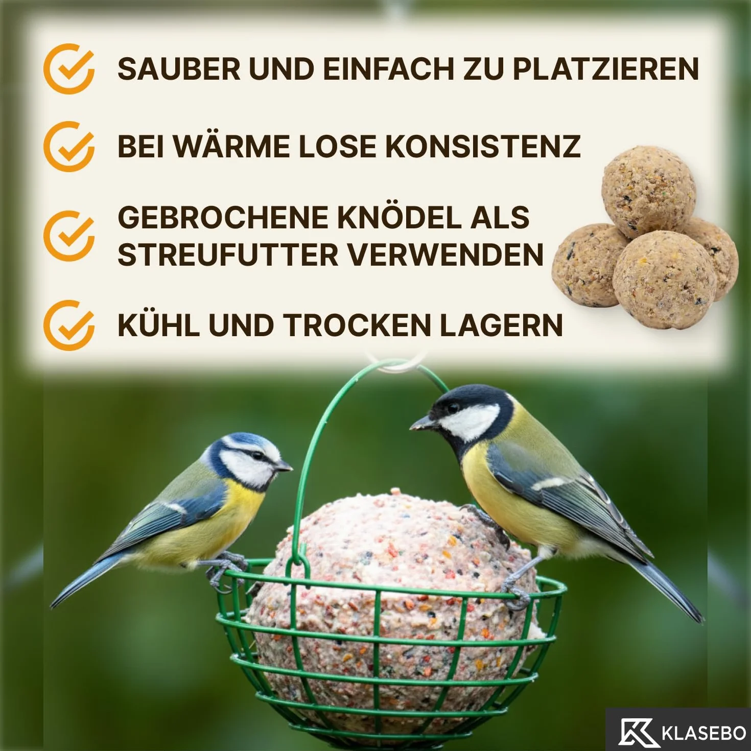 KLASEBO Boules de Graisse Oiseaux avec Insectes, Lot de 200 x 90 g, sans Filet, Nourriture Exterieur