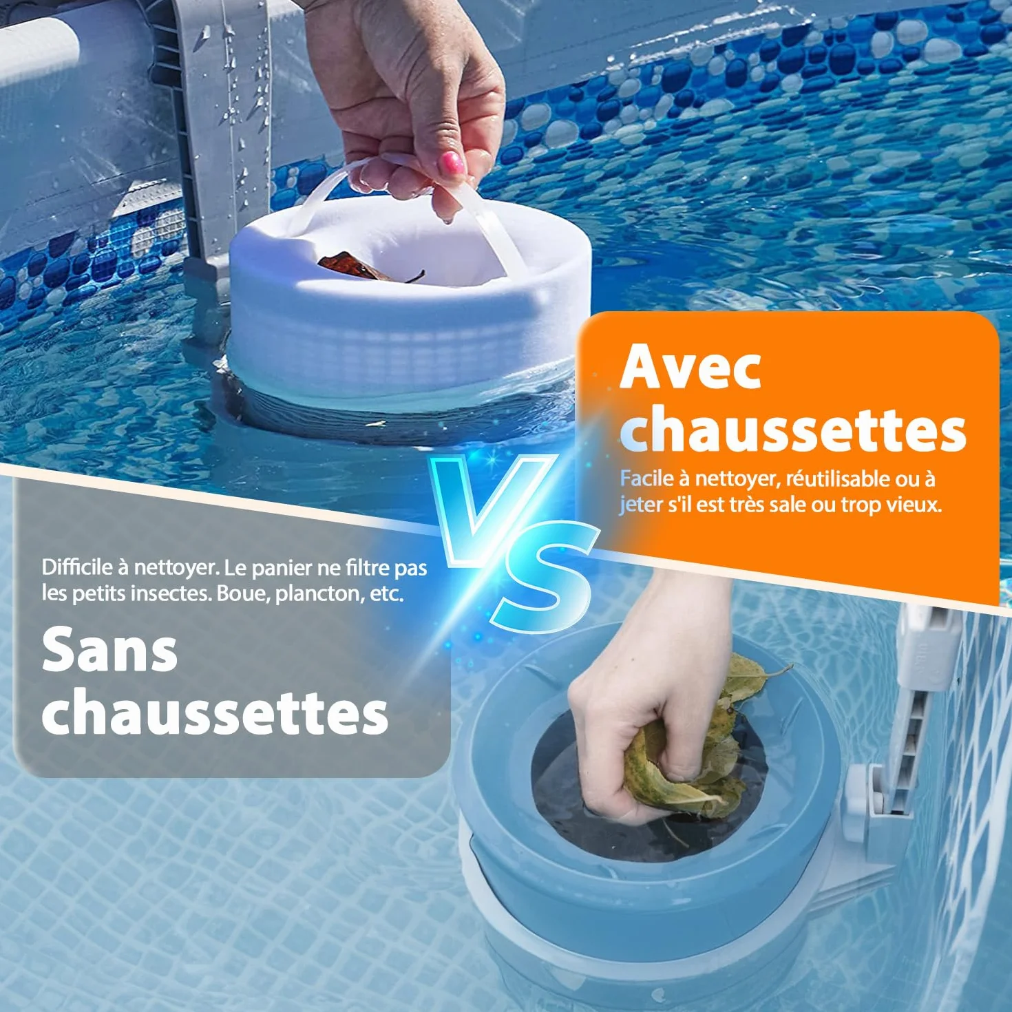 KGC Chaussette Skimmer Piscine 50 Pièce Lavable Réutilisable Nylon Élastique 7-19 cm