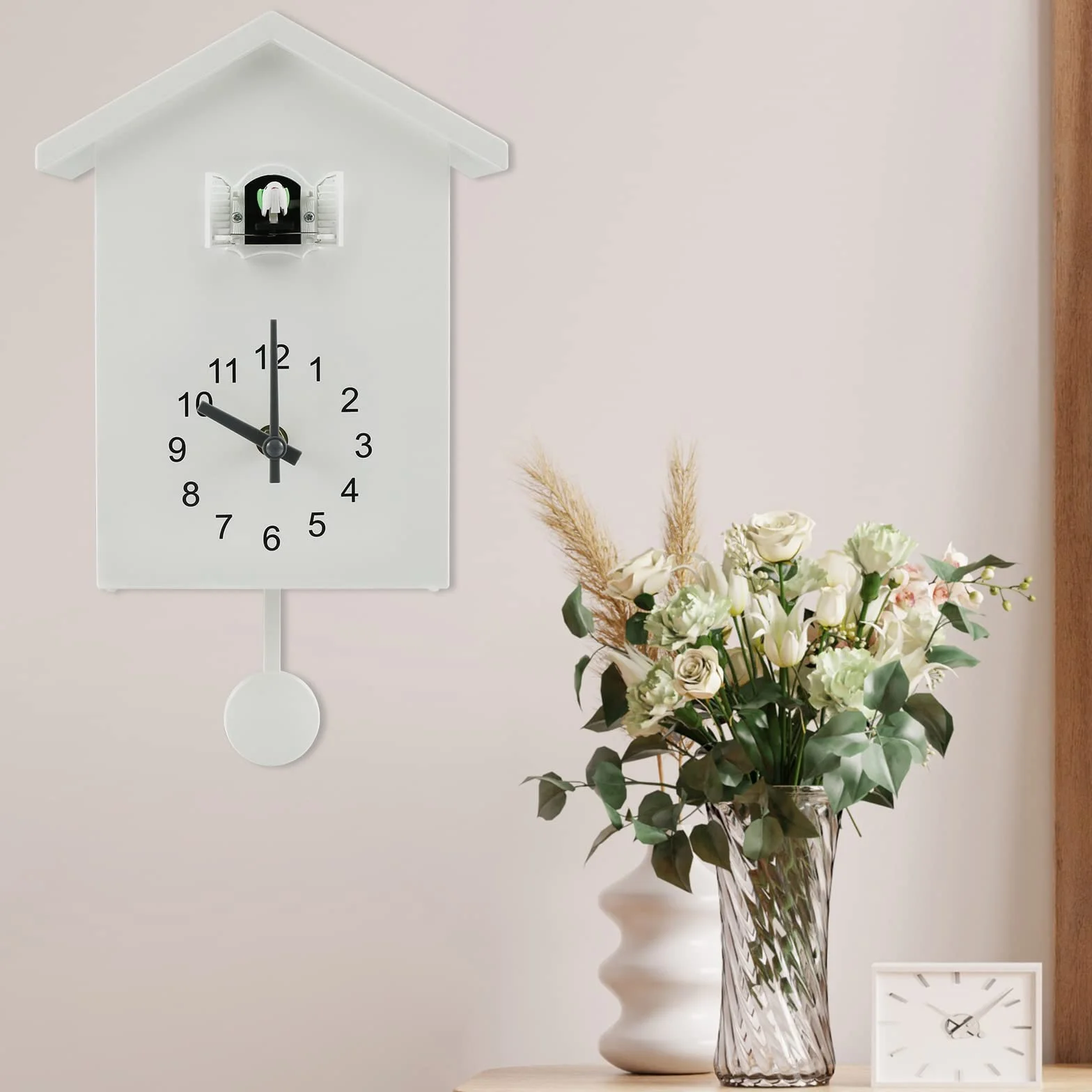 Horloge à Coucou Moderne Murale avec Pendule, Décoration Maison Salon Bureau Blanc