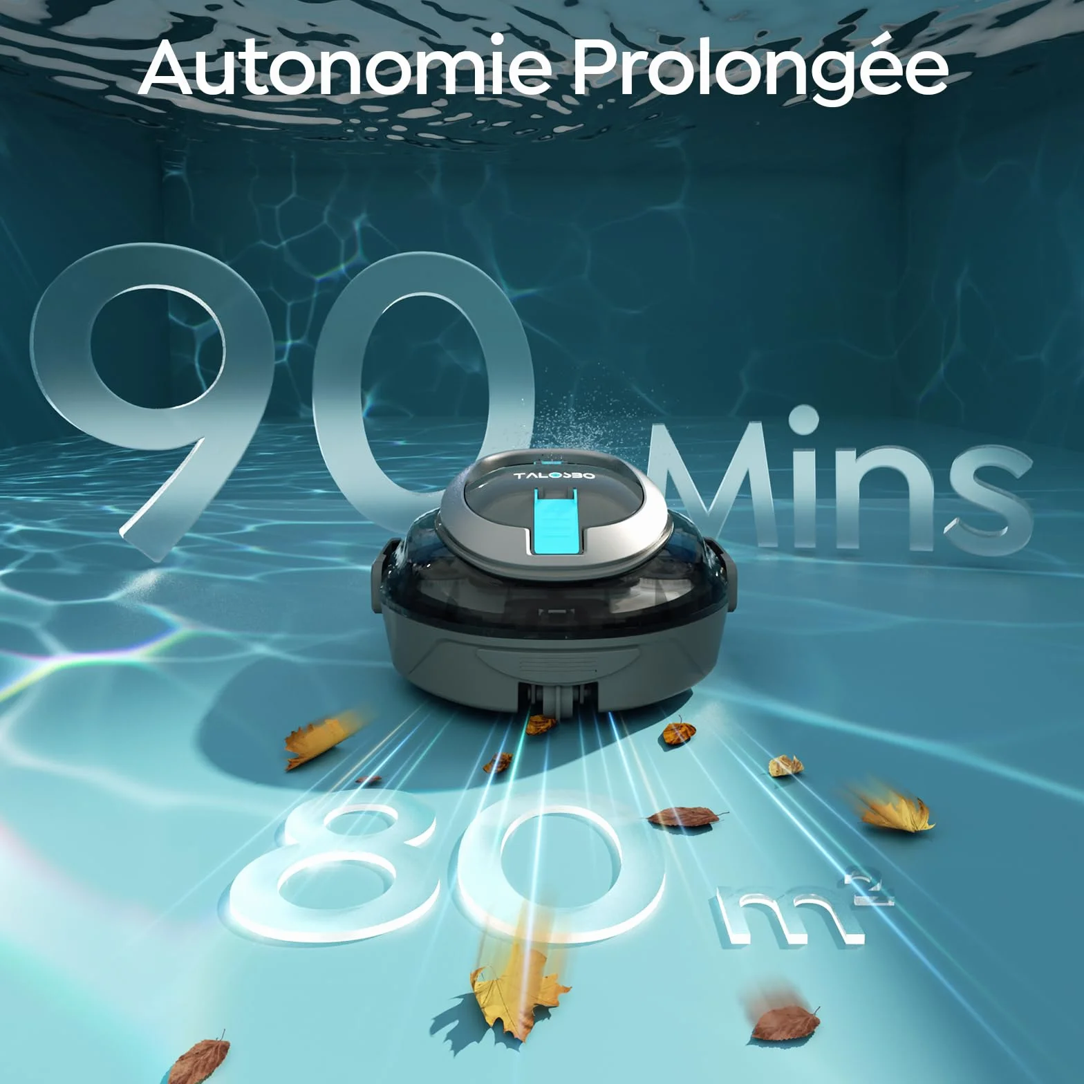 Robot Piscine Double Filtration Nettoyeur Aspirateur sans Fil Autonomie 90 Min 1928GPH Stationnement Automatique 80 m²