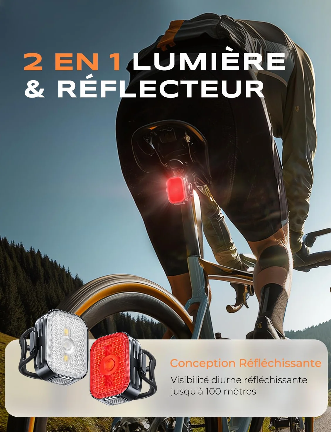 EOIWUY Lumiere Velo Avant et Arriere avec Réflecteurs Grand Angle, 8+6 Modes Éclairage Lampe Velo LED, Ultra-Léger, Étanche IP65, Lumière Velo Recharge Rapide Double USB-C pour Vélo de Route et VTT