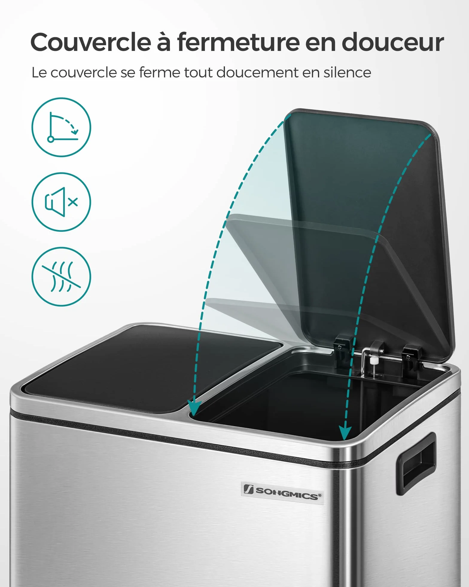 SONGMICS Poubelle Cuisine 2 x 15 L Tri Pédale Acier Argent Métallique Noir