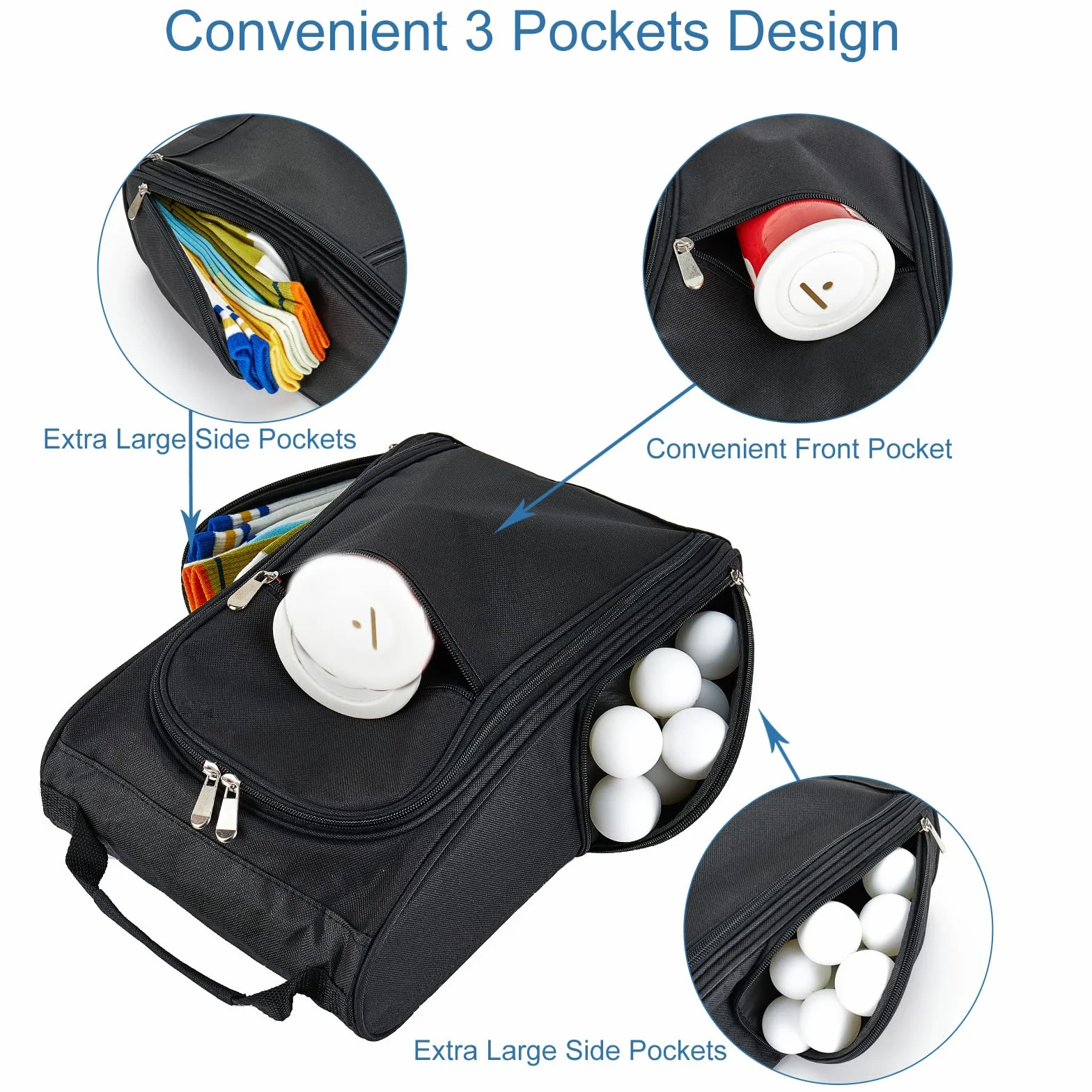 Sac à Chaussures de Football avec 3 Poches Zippées, Housse Rangement Voyage Sport Noir