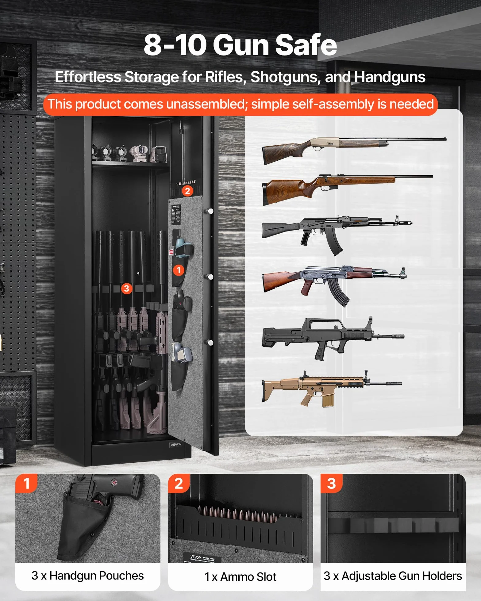 VEVOR Armoire à 8-10 Fusils, Coffre-Fort pour Armes à Feu Verrouillage par Empreinte Digitale et Mot de Passe et Clés, avec 3 Poches pour Pistolets et Supports Réglables, Accès Rapide, pour Domicile