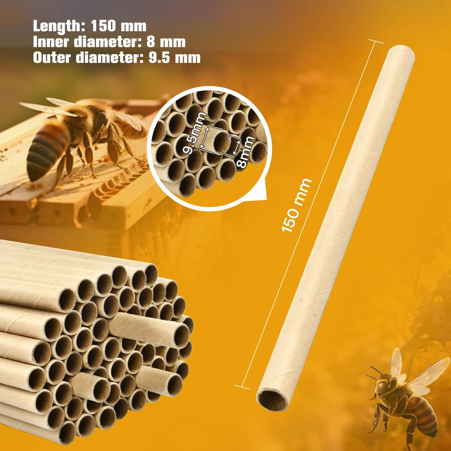 Kit Hôtel à Insectes pour Abeilles Sauvages 100 Pièces 15 cm Tubes de Nidification en Carton