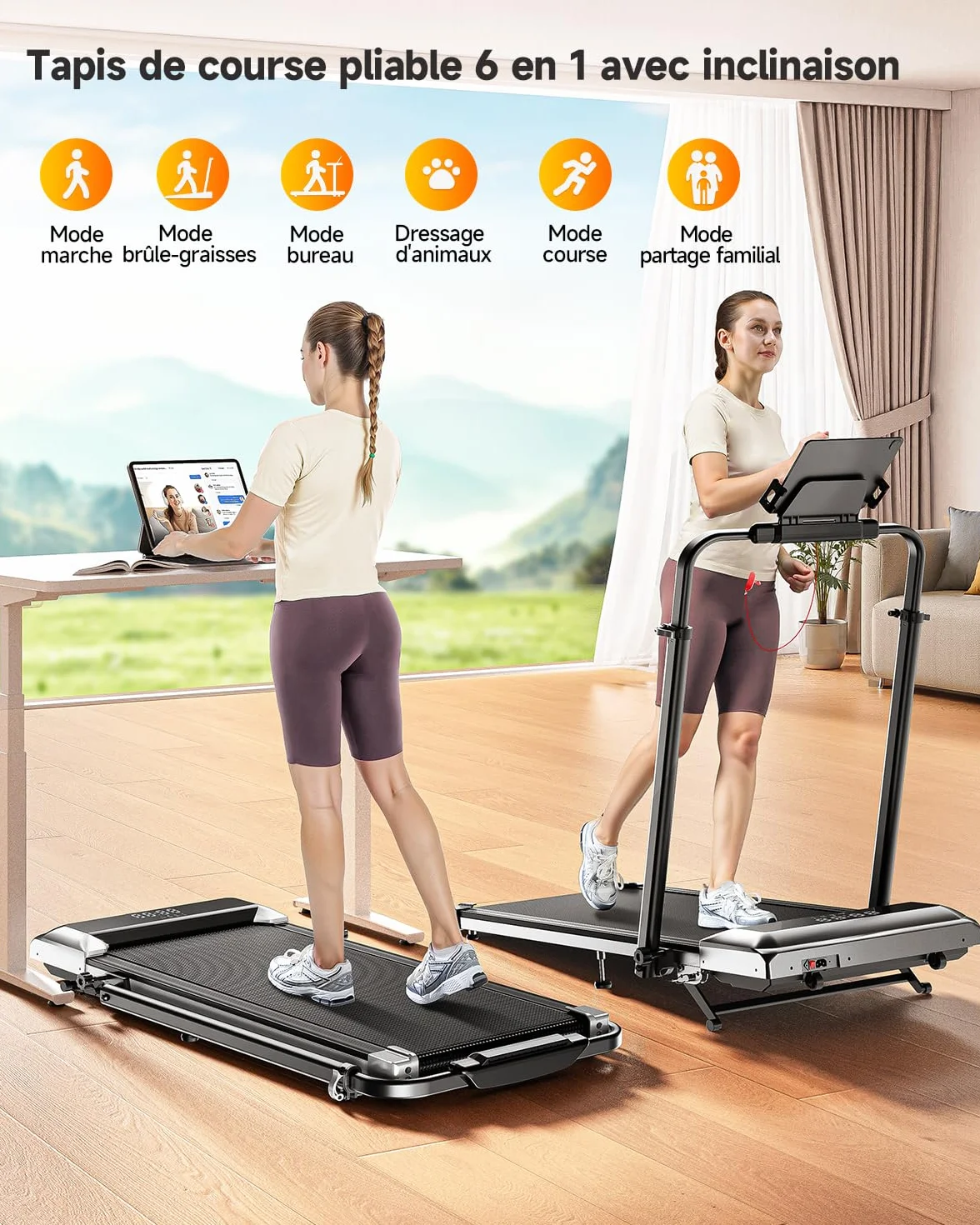 Tapis de Course 6 en 1, Pente 1%-6%-12%, Vitesse 12km/h, Hauteur de la Colonne Montante télescopique 115CM, Angle de la Colonne Montante 95°-105°, 2.5 HP, Compact et Portable，Adapté aux familles