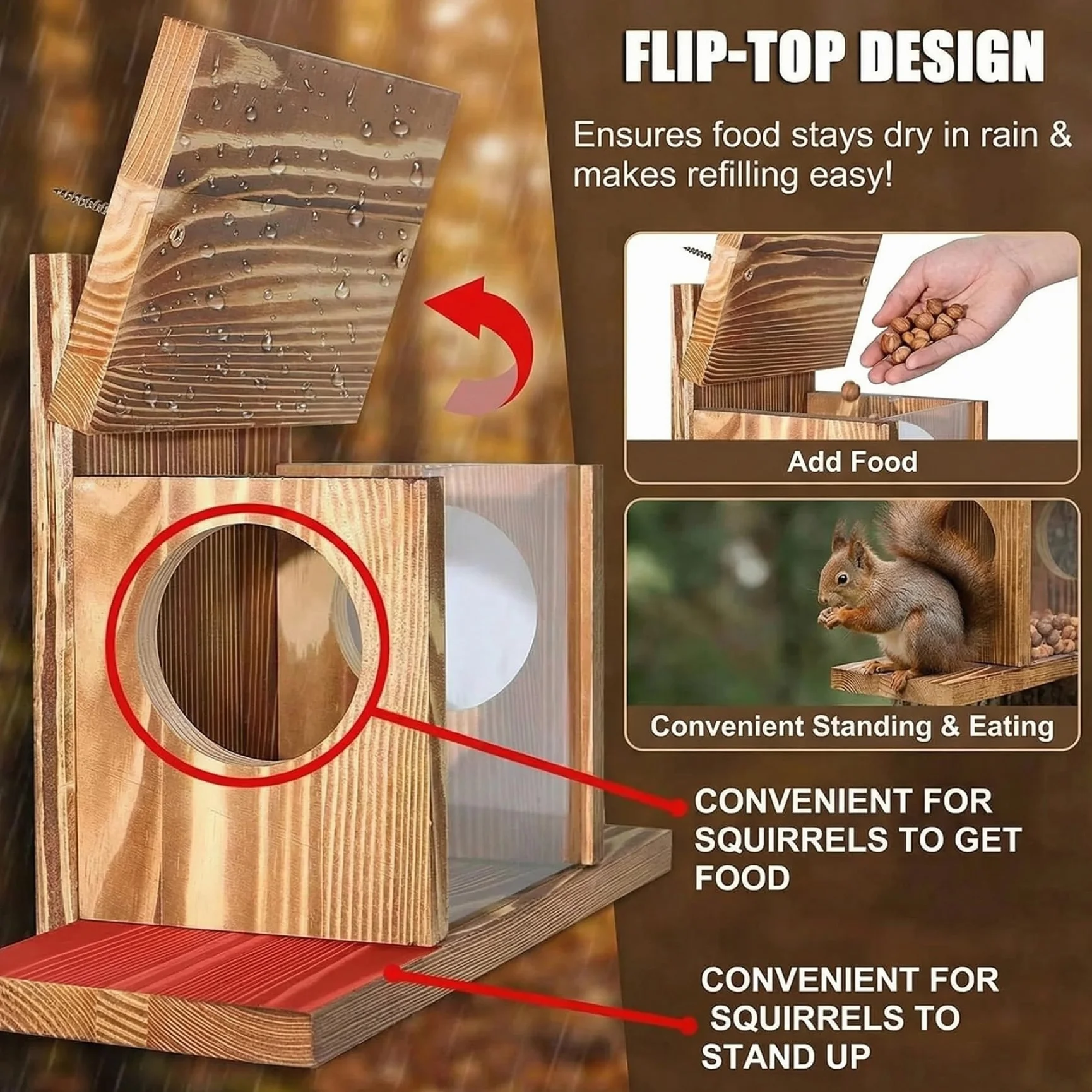 Mangeoire à écureuils Rabattable en Bois avec Fenêtre Transparente, Résistant aux Intempéries pour Extérieur