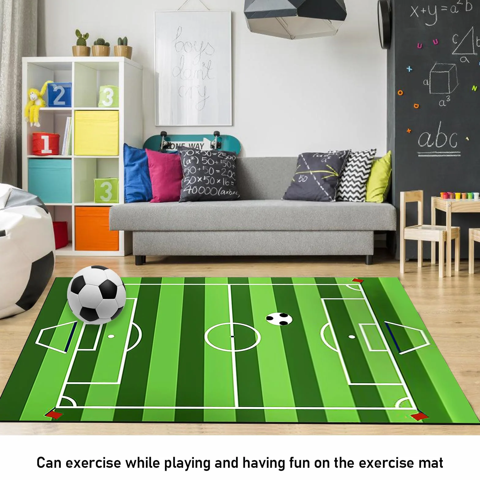 Tapis Chambre Enfant 80x120 CM Football Lavable Anti Derapant Vert