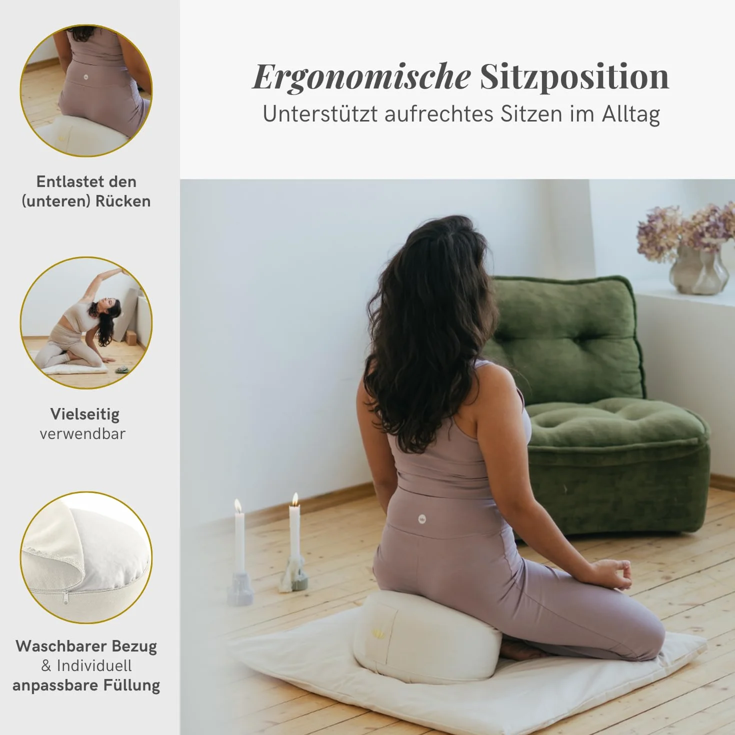 LOTUSCRAFTS Coussin de méditation, hauteur d'assise 15 cm, modèle Lotus rond, coussin de yoga, yoga bolster, housse en coton lavable, rembourrage d'épeautre, Certifié GOTS
