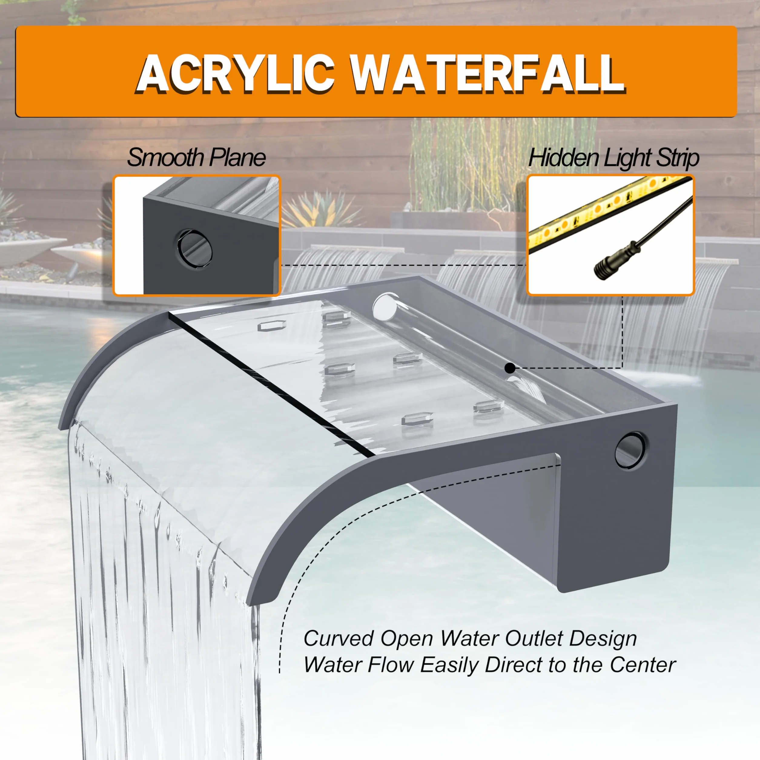 Kit de lames de cascade pour étang en acrylique 60 cm largeur 18 cm bec courbé