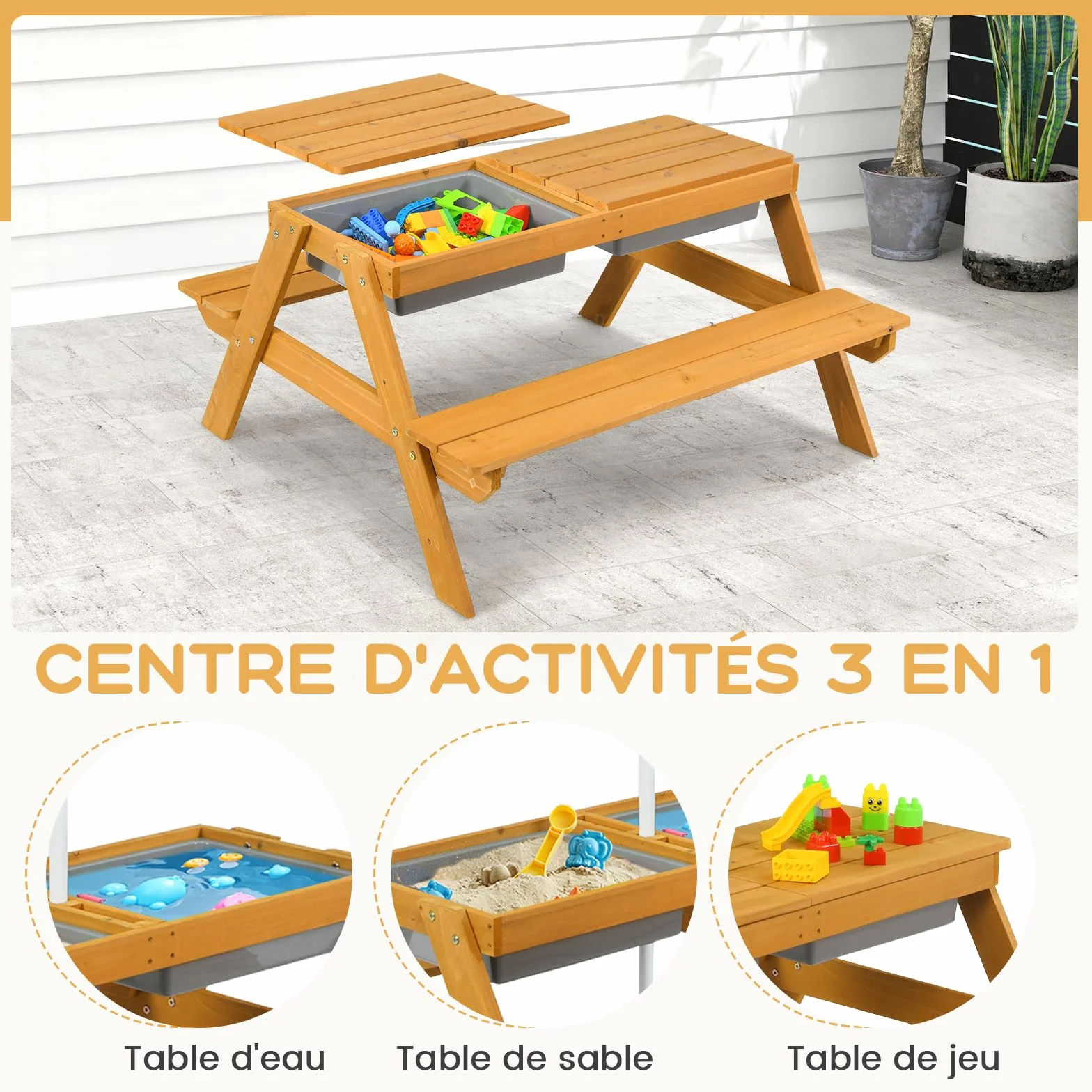 GOPLUS Table Enfant Banc Parasol 3 en 1 Convertible Plateau Amovible Boîtes Rangement Bois Extérieur Jardin Vert Blanc