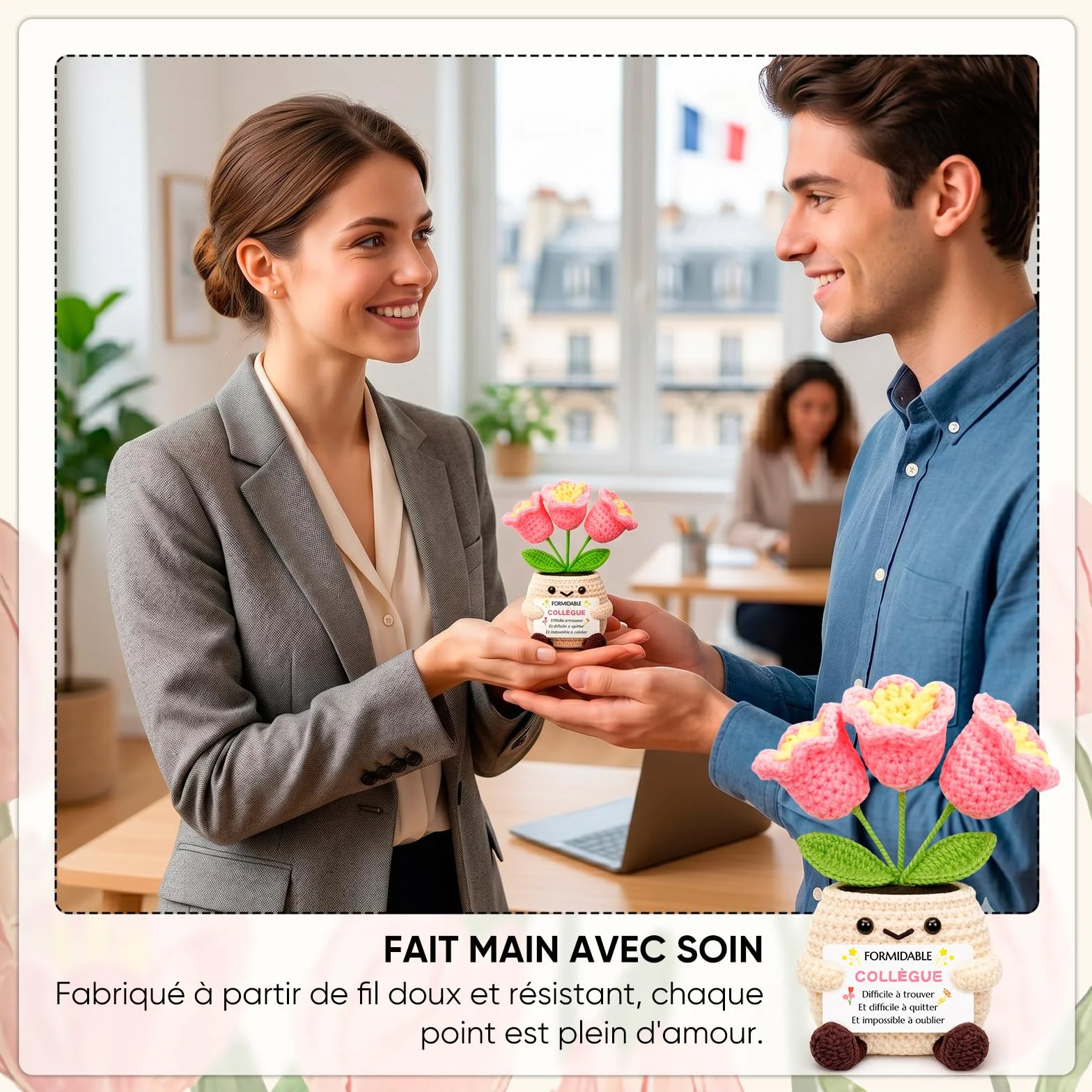 Pot De Fleurs Au Crochet Cadeau Collegue Femme Anniversaire Idée Depart Retraite Message Présent Elle Déco Bureau Unique Noël Fête