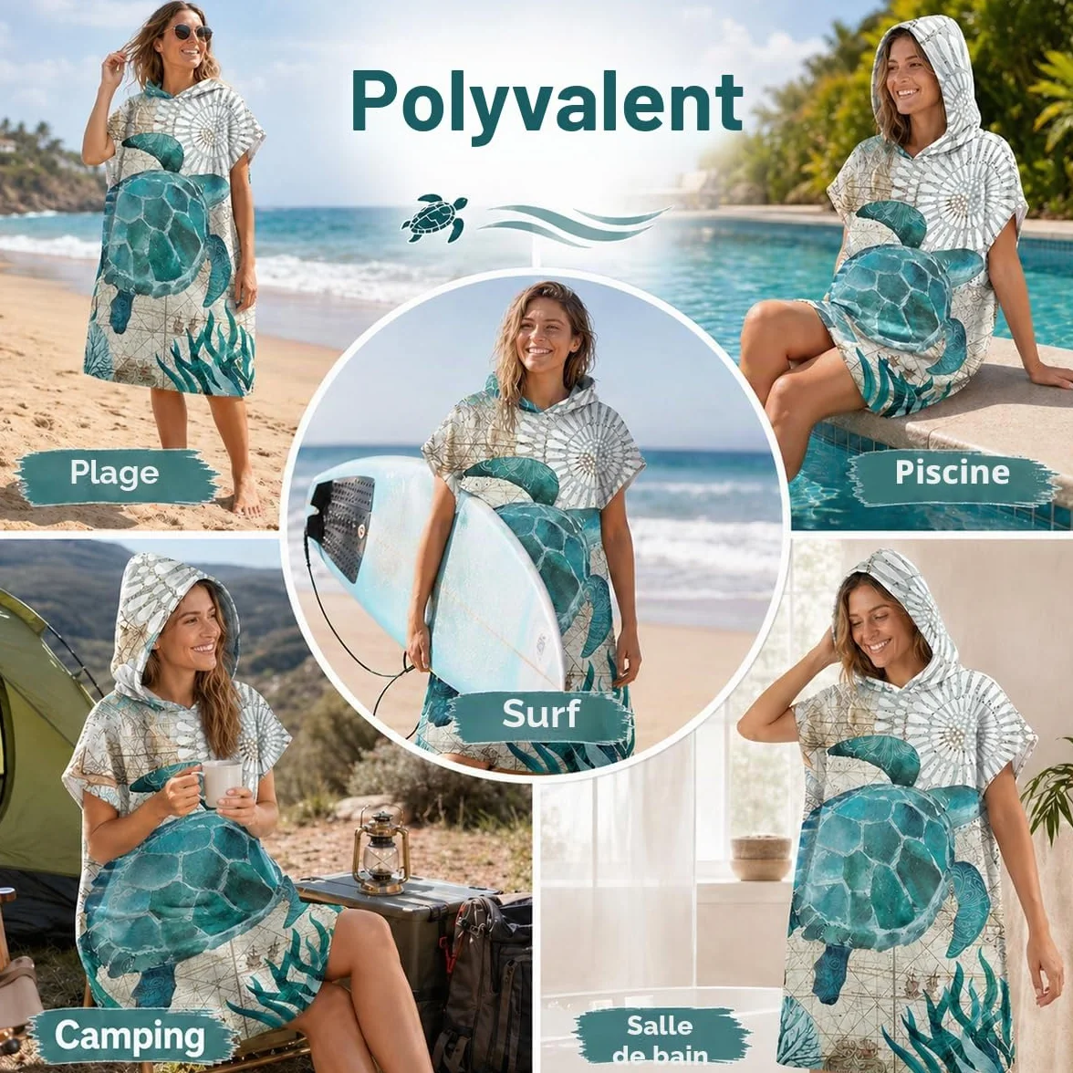 Odot Serviette Poncho de Surf, Microfibre à Séchage Rapide en Tissu Surfing Changement Robe à Capuche Poncho Plage à Langer Peignoir Natation pour Adulte Large