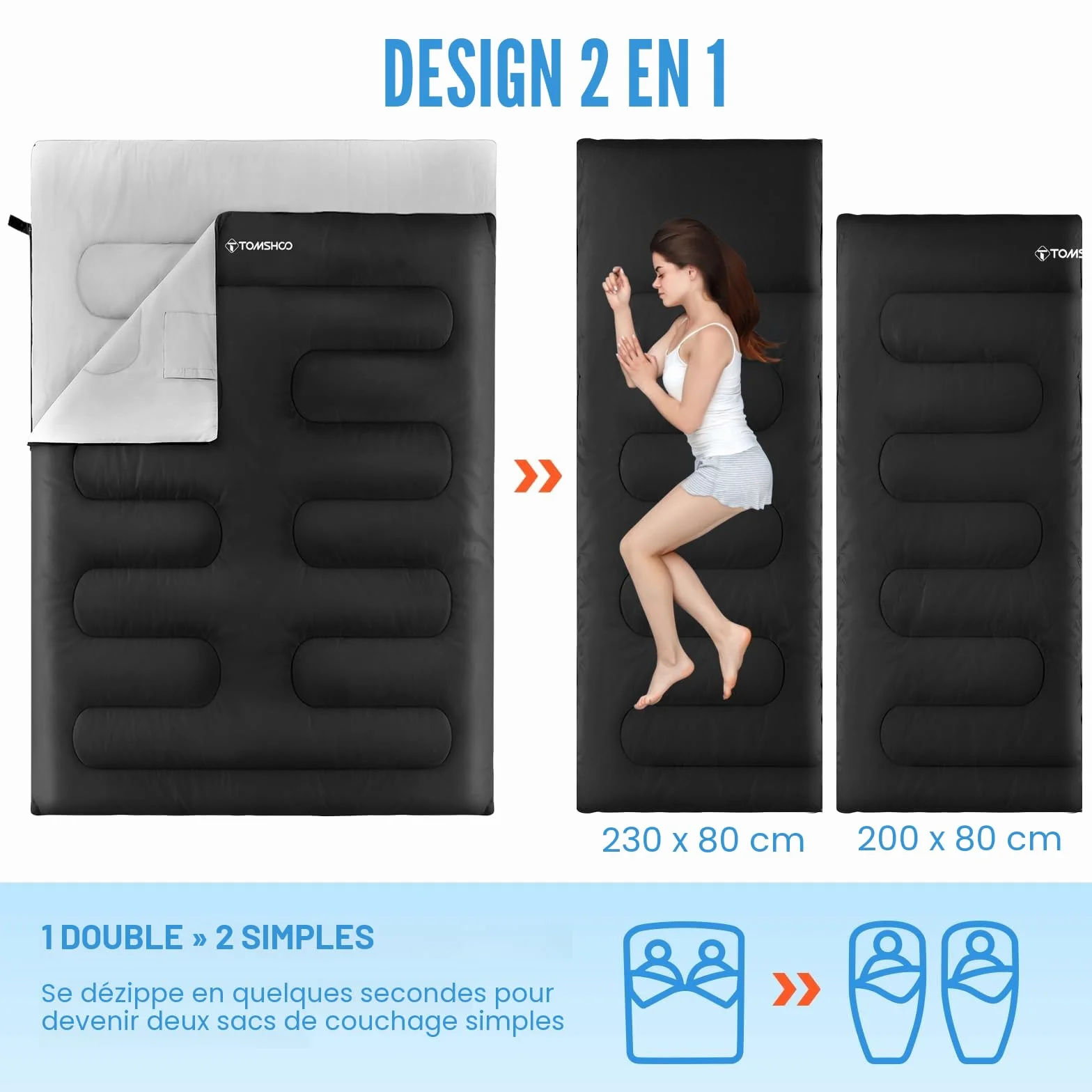 TOMSHOO Sac de Couchage Double 230x160cm Duvet 2 Personnes Rectangulaire Détachable avec 2 Oreillers Camping