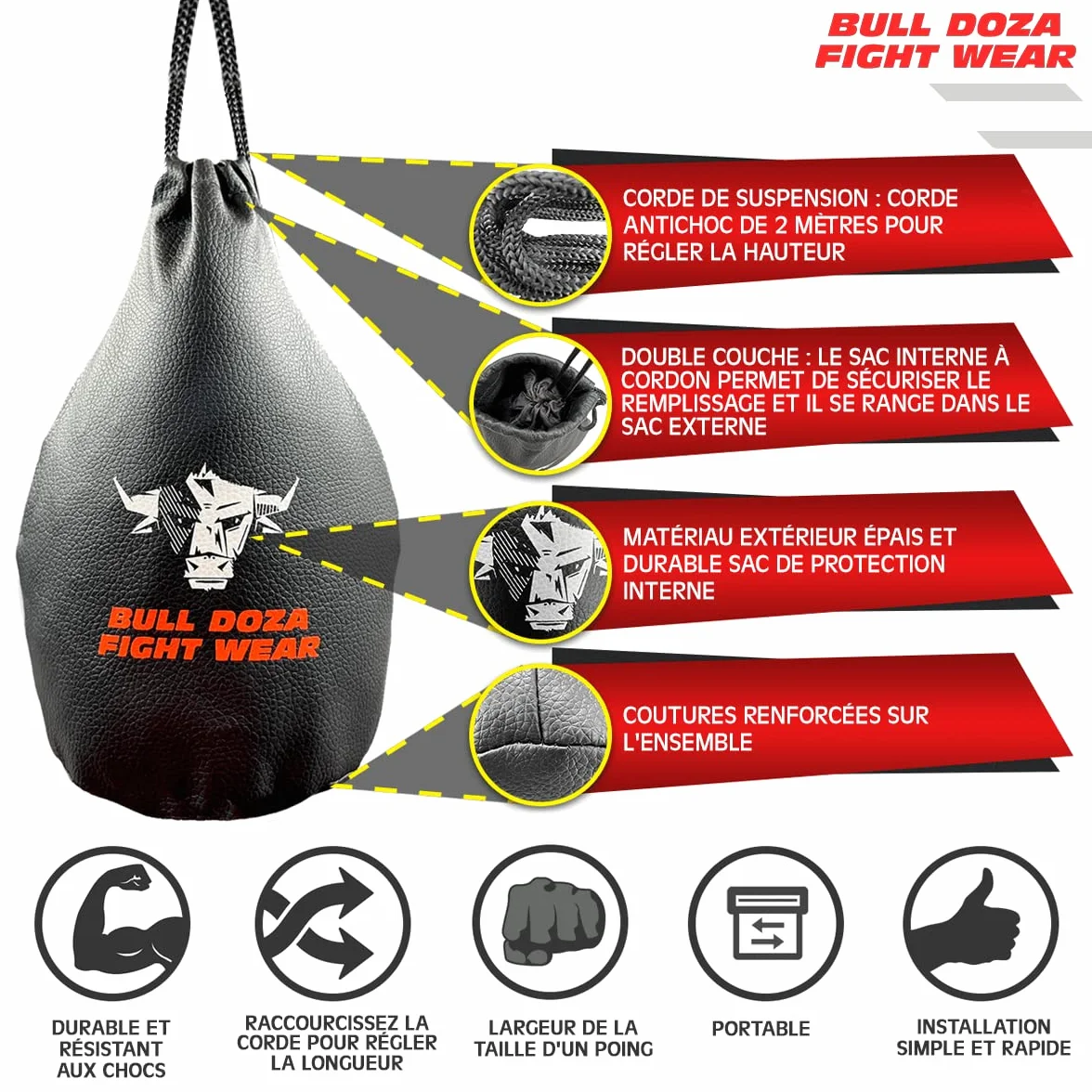 BULL DOZA FIGHT WEAR Slip Reaction Bag - Largeur de Frappe - 1 kg Une Fois rempli - Corde de 2 m Incluse - Sac de Frappe MMA - Noir - Sac de défense #1 1 (sans Boxe) (Noir)(M)