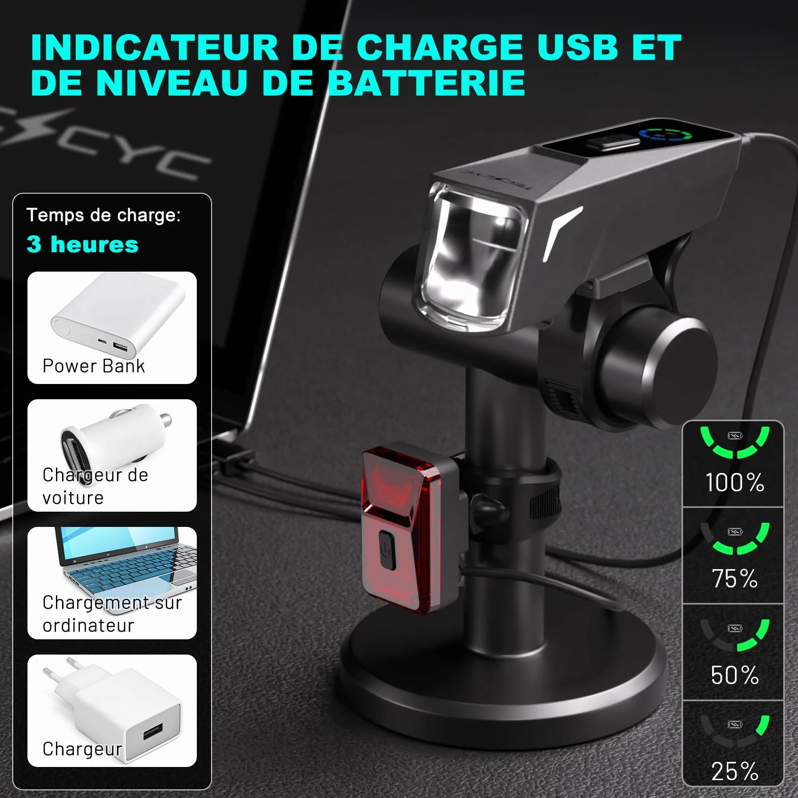 TECHCYC Lumière Vélo avec Capteur de Lumière, Éclairage Vélo Faisceau d'Inondation, 5+2 Modes de Luminosité Lampe Vélo LED Avant et Arrière, Rechargeable par USB, Étanche IPX6, Approuvé StVZO