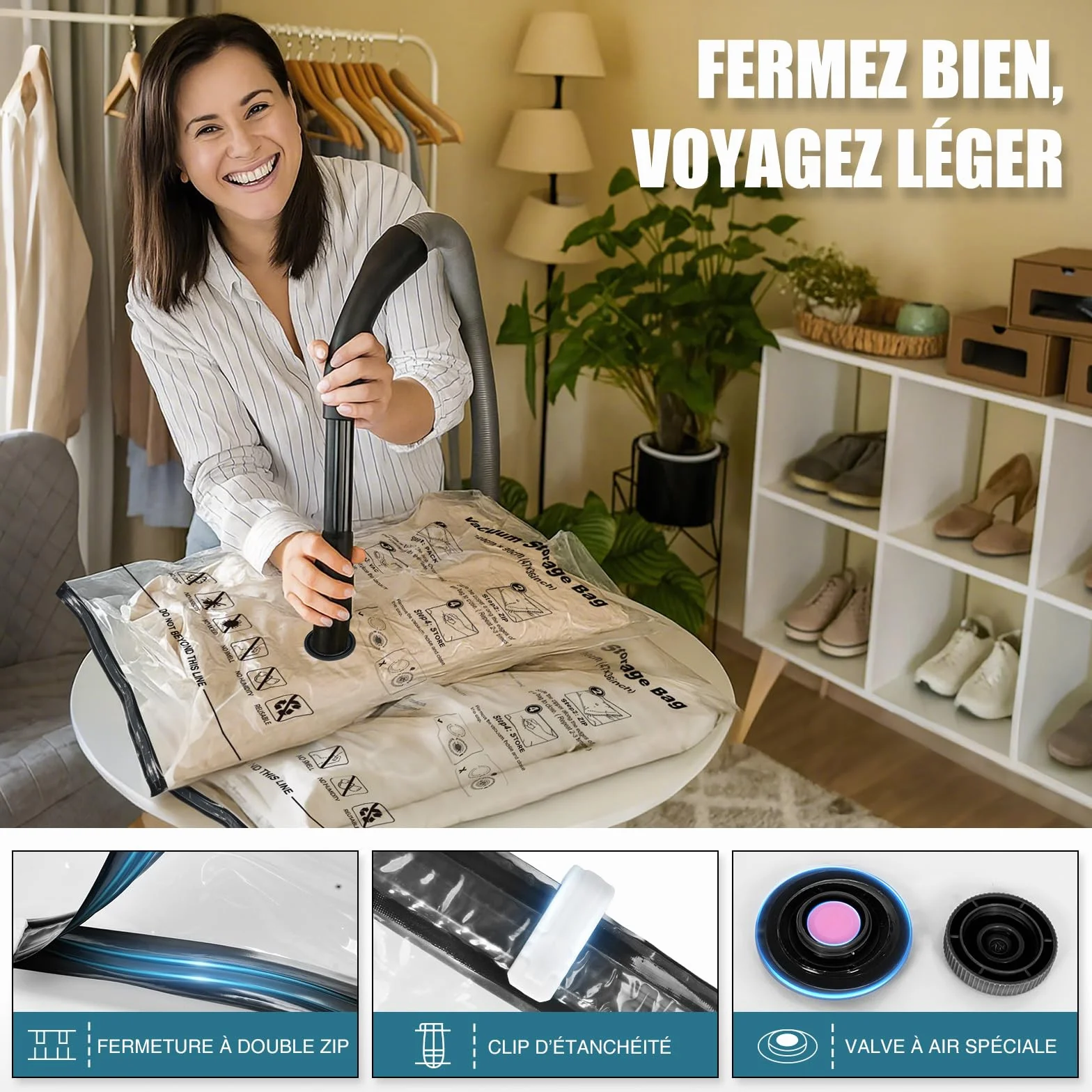 Sac Sous Vide Vetement Aspirateur 5 Pièces 3XL 100X80cm Housse de Rangement Réutilisable