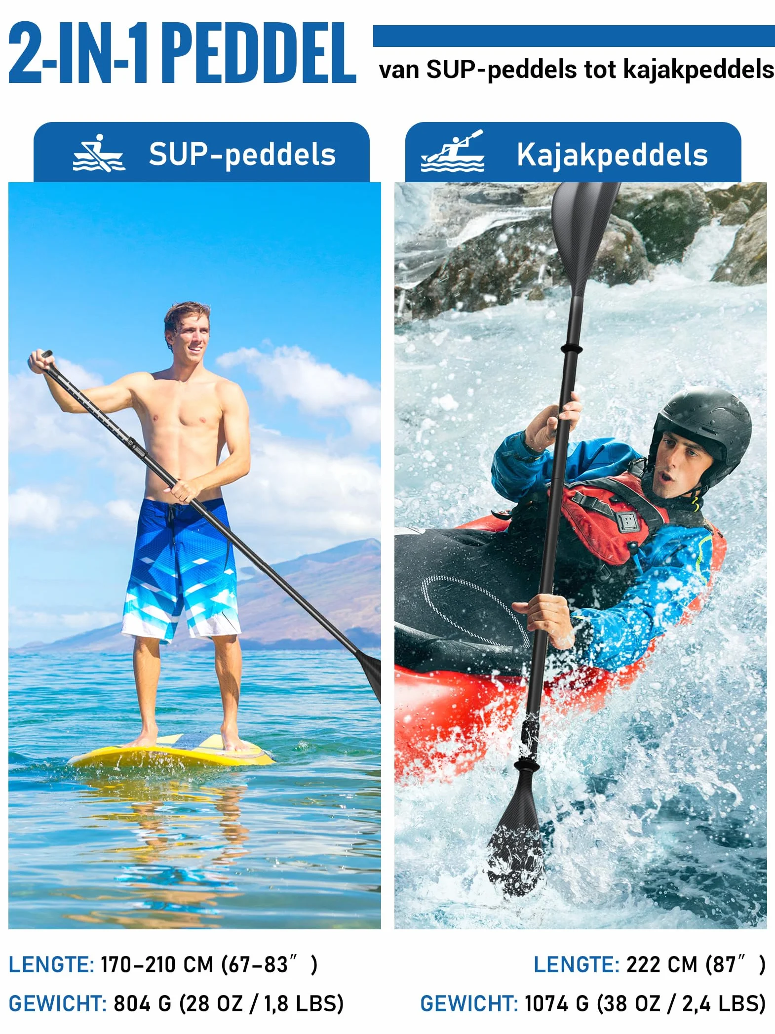 Pagaie Sup 2-en-1 [Carbone ou Aluminium], Pliable en 4 Parties et réglable, avec pales renforcées en PP, pour Kayak et Stand Up Paddle
