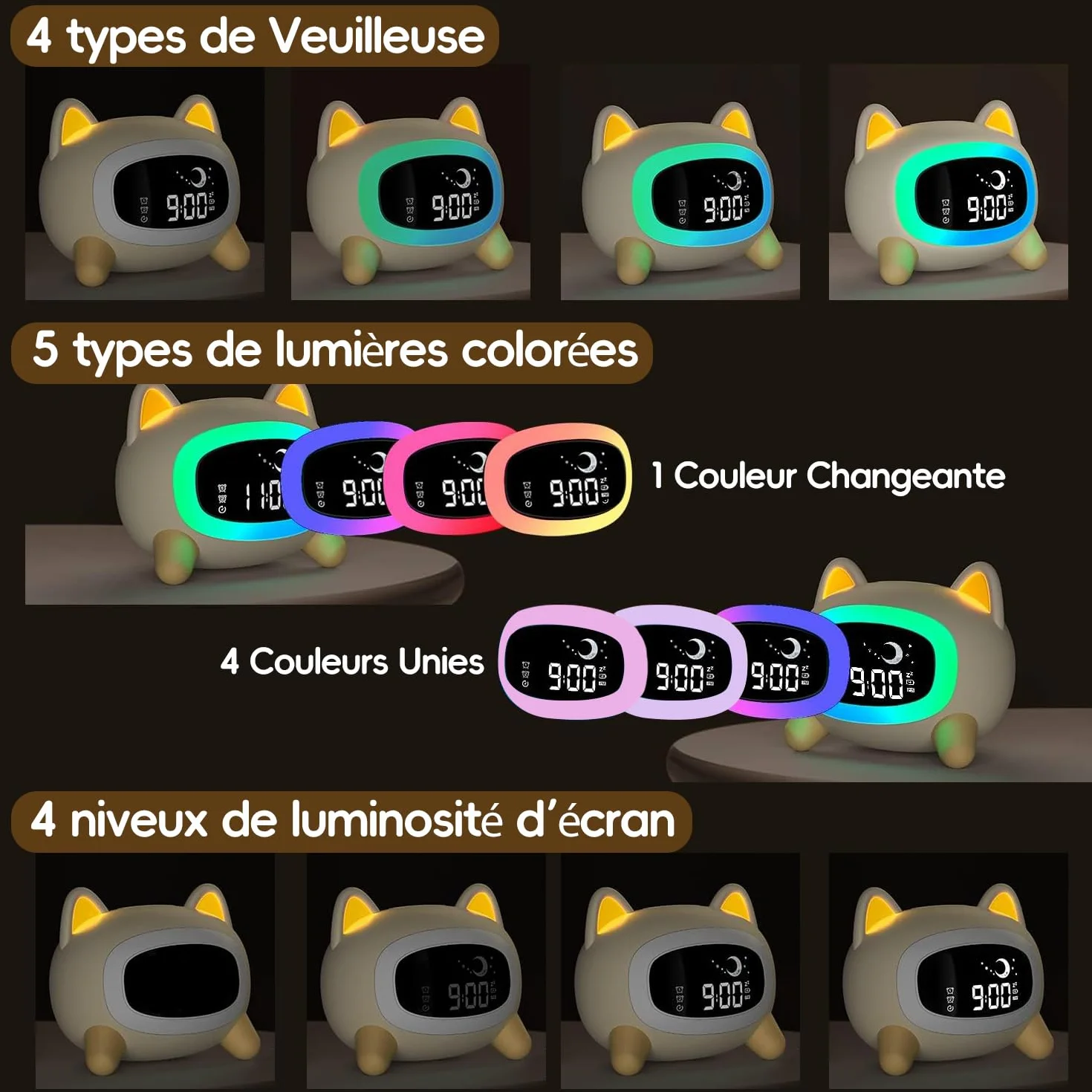 Réveil Enfant éducatif Jour/Nuit avec 2 Réveils Alarmes - Mode Weed-End - Veilleuse - Son de Sommeil - Rechargeable