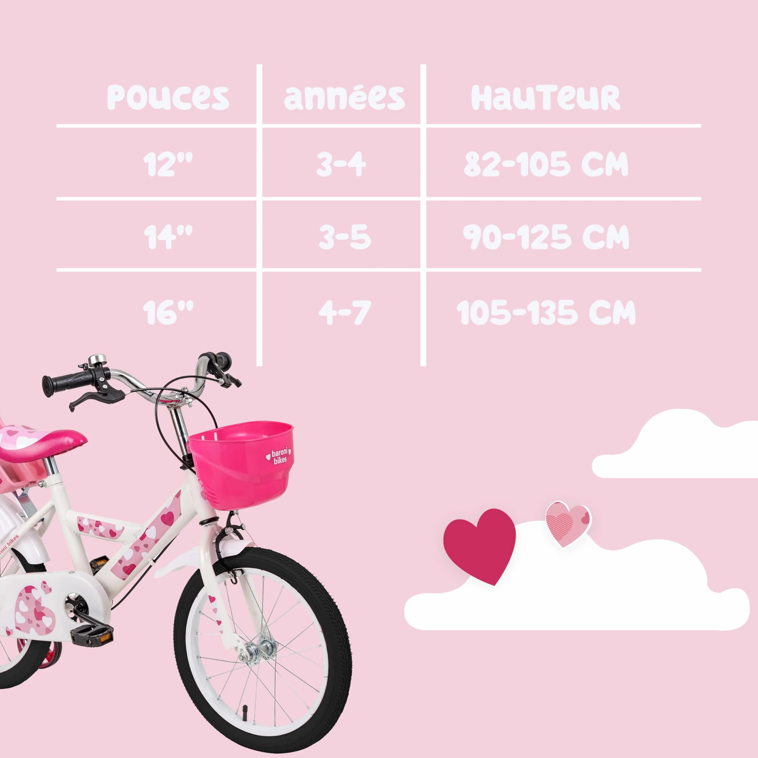 Baroni Toys Bicyclette pour Filles, Rose avec cœurs, vélo Design avec Porte-Bagages et Roues incluses, Bicyclette en Acier avec Panier pour Filles, Rose, cœurs, Taille 12", 14" et 16"
