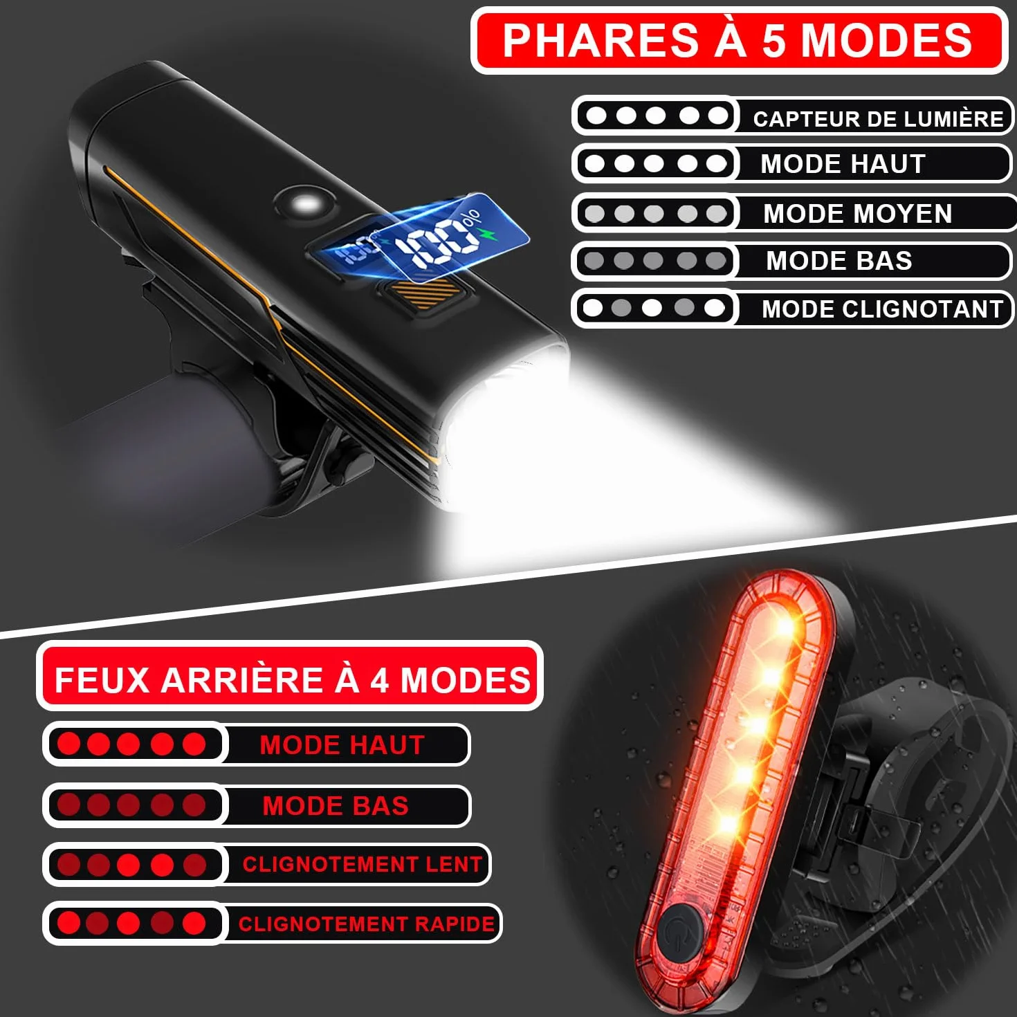 EBUYFIRE Lumières de Vélo Capteurs de Lumière et Affichage Numérique, Set d'Éclairage LED Rechargeable pour Vélo - Super Luminieux Phare Avant et Arrière,Lampe Torche Cyclisme