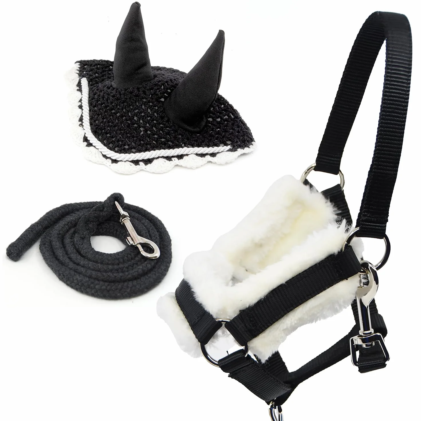 Hobby Horse Ensemble d'accessoires Licol moumoute avec Longe et Bonnet Anti-Insectes - Taille A4 et A3 (Noir)