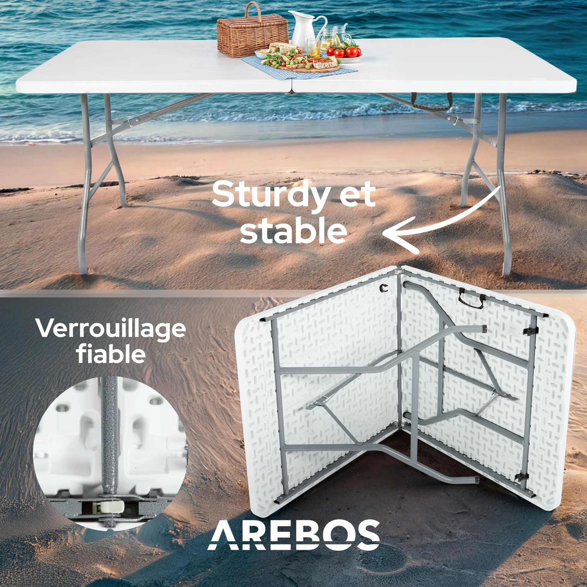 AREBOS Table de Buffet Pliante 182 x 74 x 74 cm Résistante aux intempéries Blanc 8 Personnes