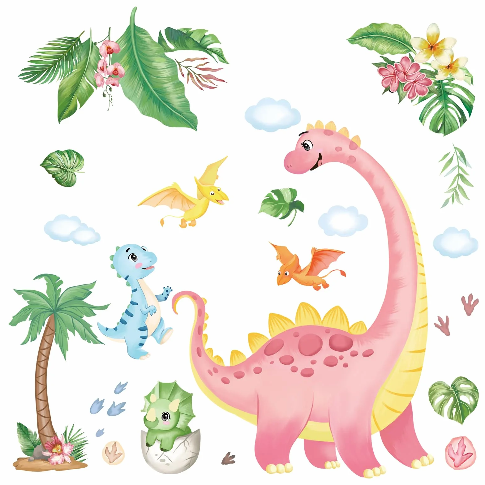 Autocollants Muraux Dinosaure Aquarelle Rose Dino Empreinte Nuages PVC Amovible Enfants Chambre