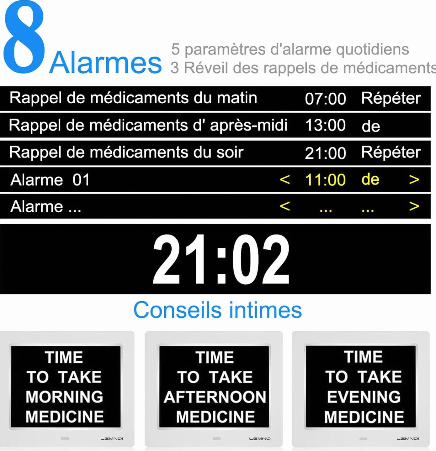 LEMNOI Horloge Numérique LCD 8 Pouces avec Calendrier Non-Abrégée Auto Dimming HD Display N11