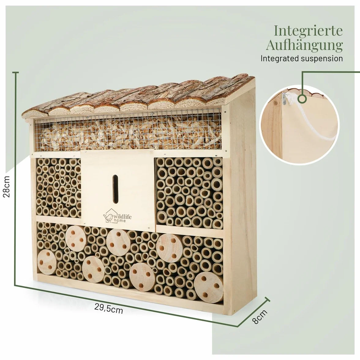 Hôtel à abeilles en bois massif non traité avec toit en écorce pour abeilles et insectes