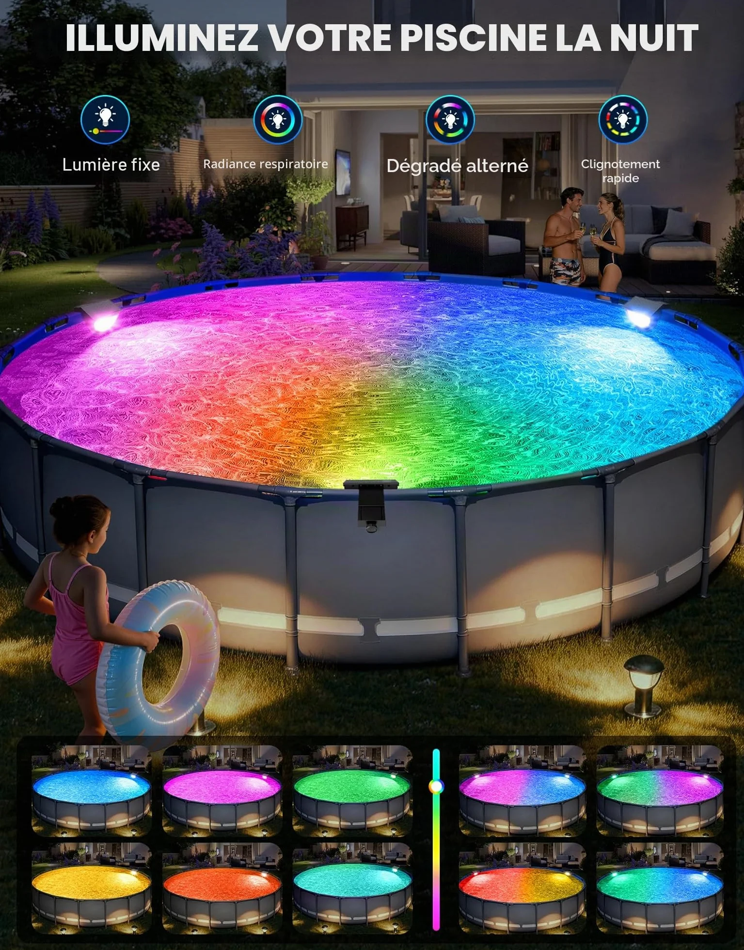 Lampe Piscine LED Solaire IP68 RGB, Eclairage Piscine Hors Sol sans Fil 10 Modes