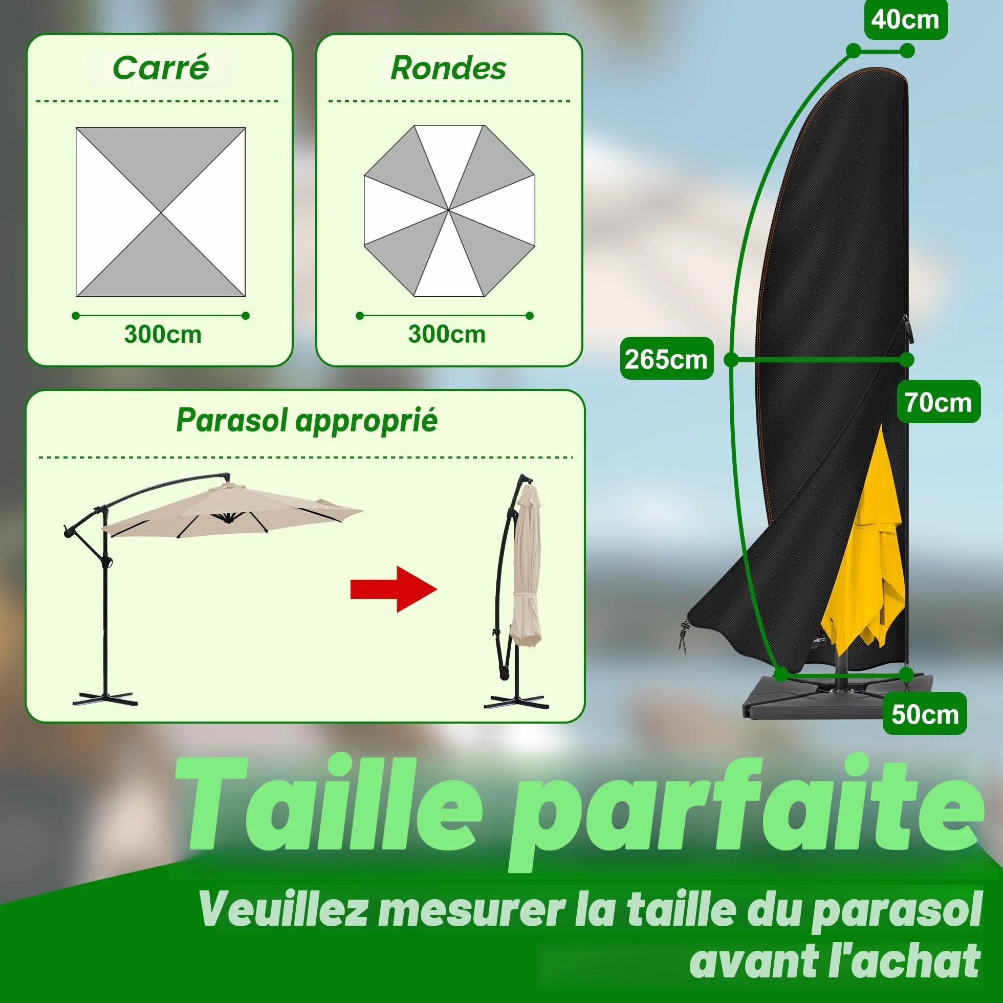 Housse Parasol Déporté Tissu Oxford 420D Imperméable Fermeture éclair 2,7-3,4 m Noir