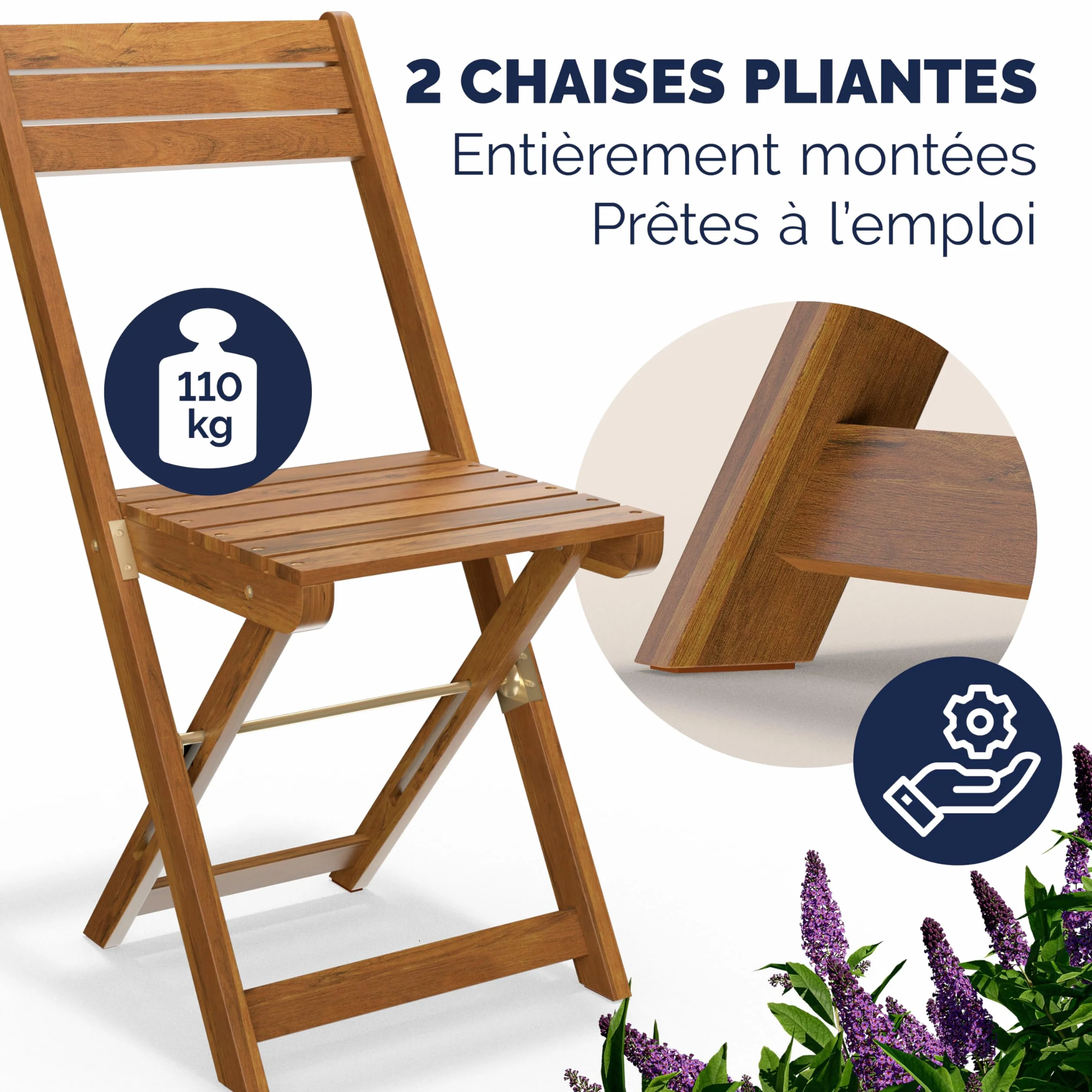 Casaria Salon De Jardin Pliable Bois D'acacia Table et 2 Chaises Résistant Aux Intempéries