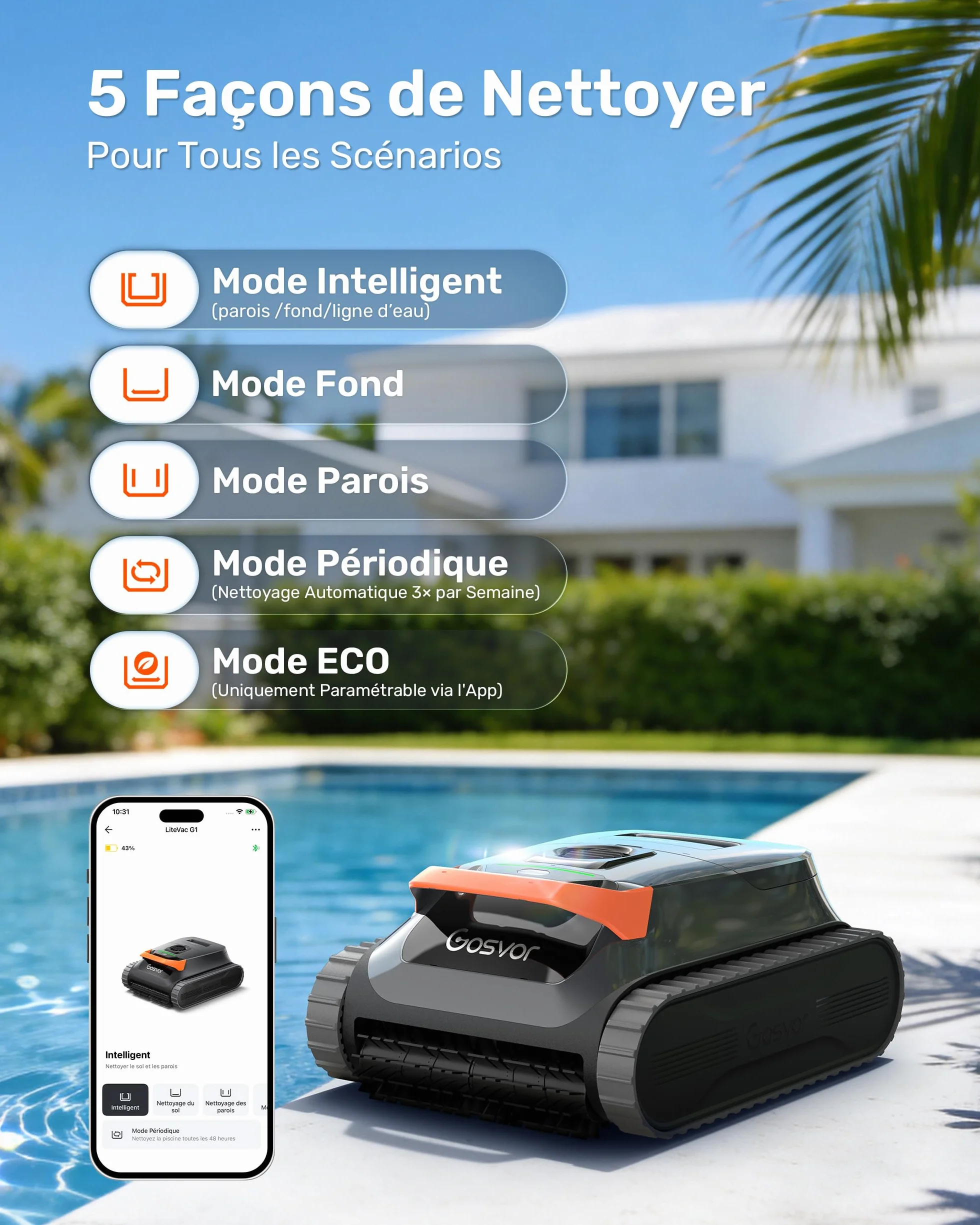 Gosvor LiteVac G1 Robot Piscine Fond et Parois, 6,9 kg Ultra Léger, 200 Min Autonomie, Double Filtration, Navigation Intelligente, App, 200 m² Orange