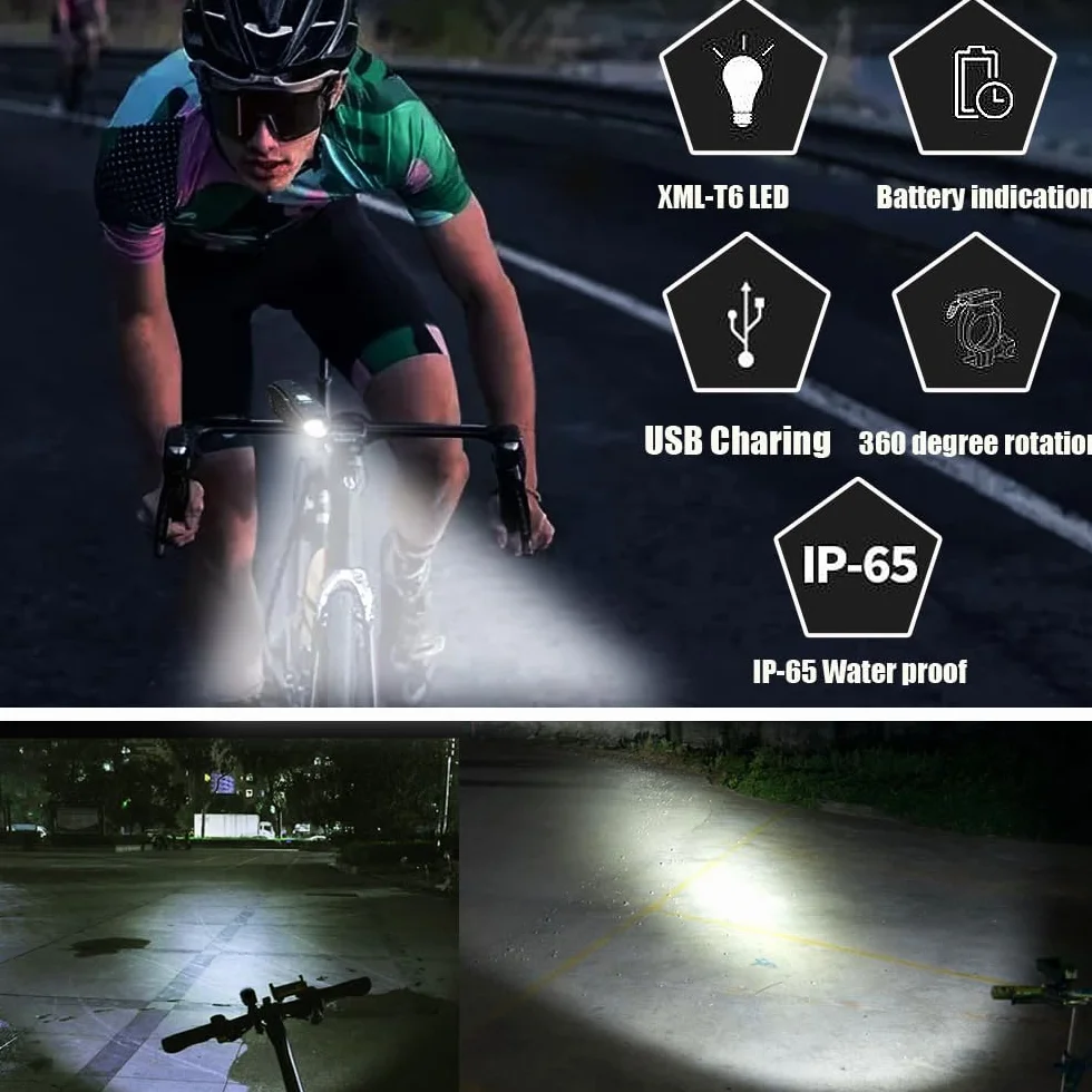 lumière vélo Rechargeables USB Lampe Éclairage Avant et Arrière de Vélo LED, Phare de vélo Rotatif à 360° de 2200mah & feu arrière de vélo étanche 5 Modes LED pour vélo VTT VTC Cycliste