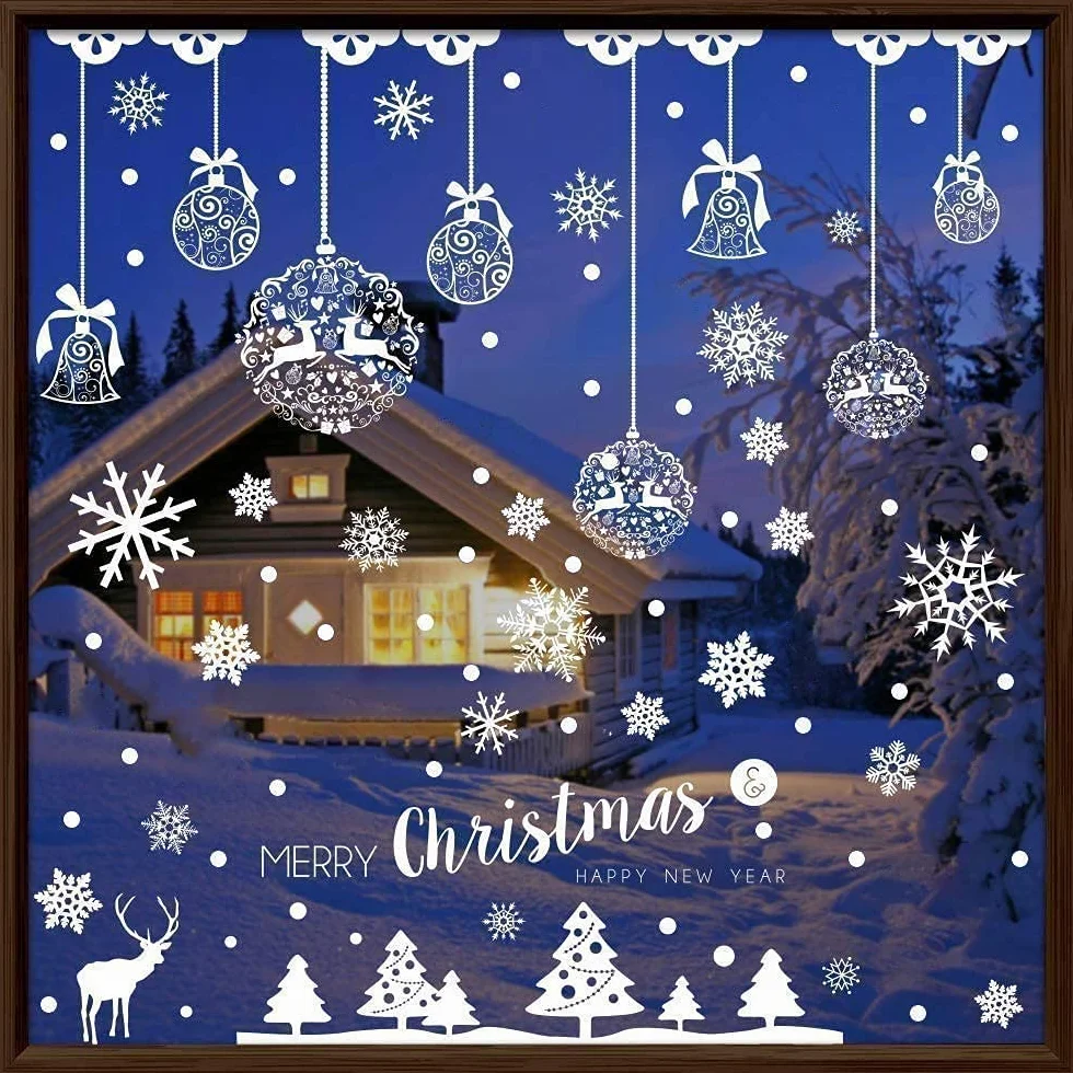 Autocollant fenêtre Noël réutilisable XXL Boules de Noël Flocons de Neige Blanc Décoration Vitres Vitrine Électrostatique Grande