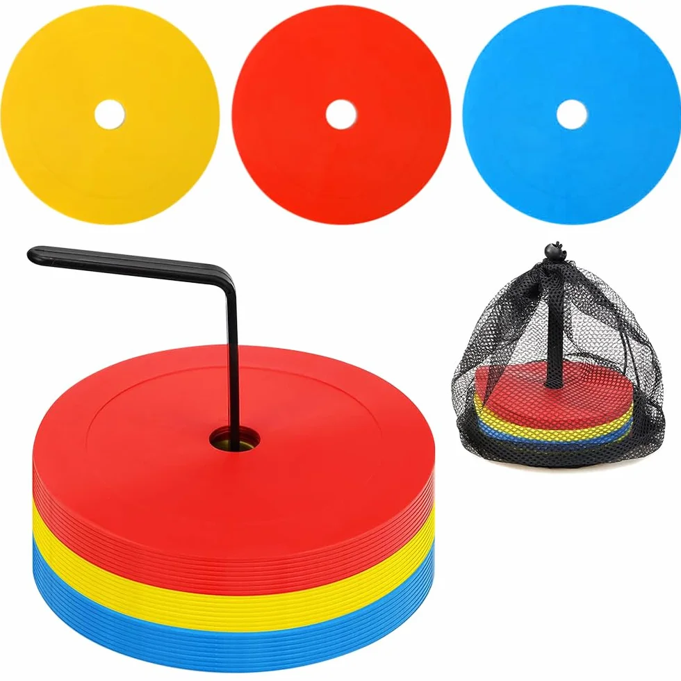 Lot de 24 Disques de Marquage Plat 15cm Antidérapants Souples avec Support de Rangement pour Football Basket Handball