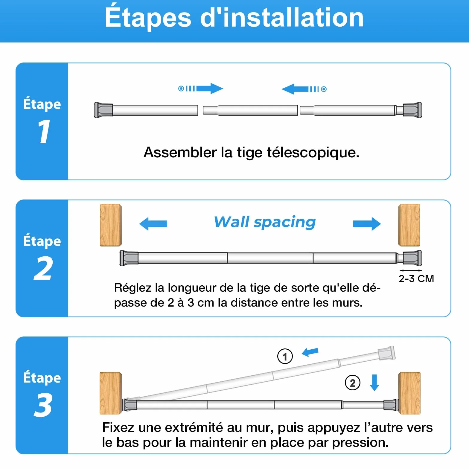 AIZESI Barre Rideau Extensible Sans Perçage Blanche 70-130 cm Diamètre 13 mm Charge Maximale 2 kg