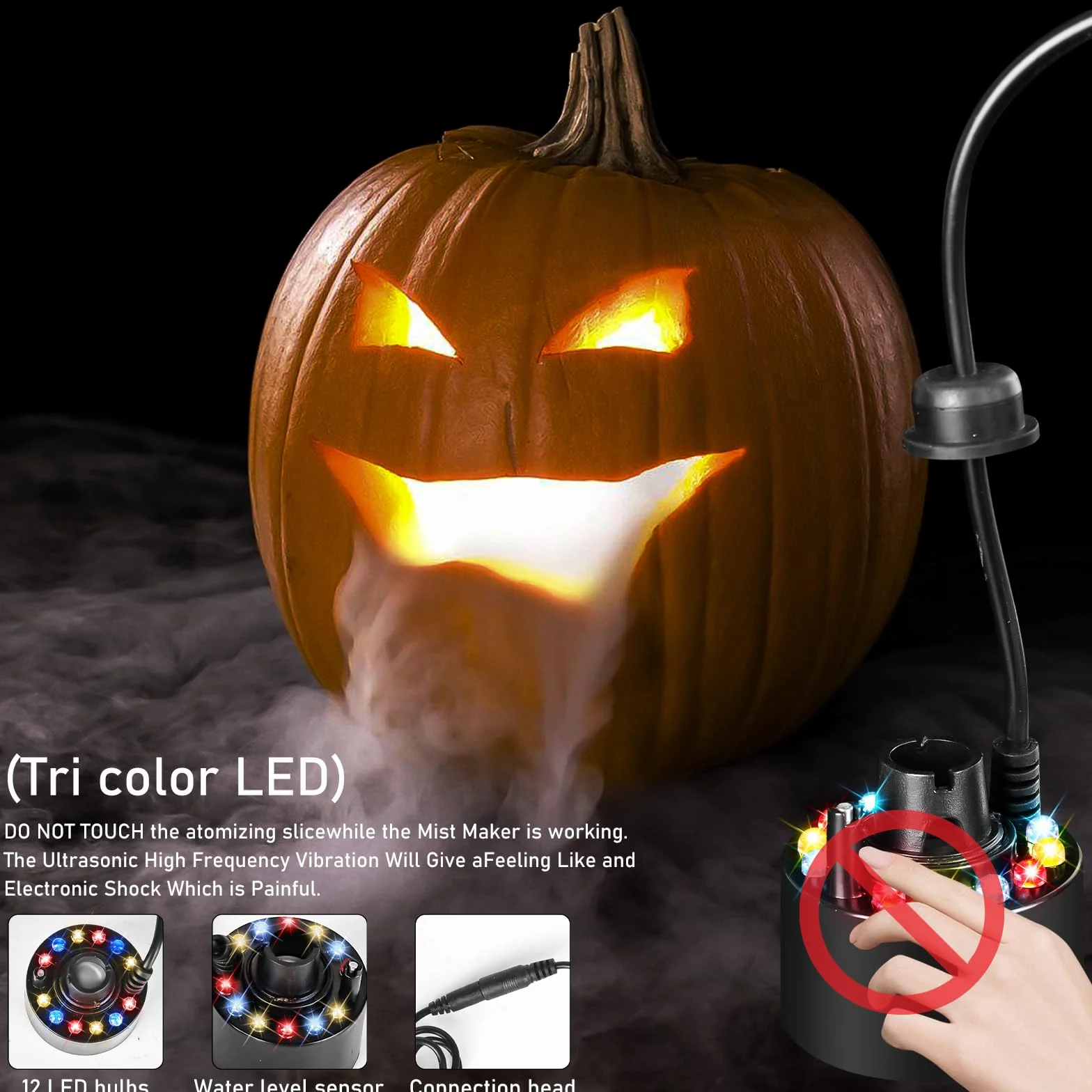 Nébuliseur à ultrasons 24V 12 LED pour Halloween avec protections anti-éclaboussures amovibles