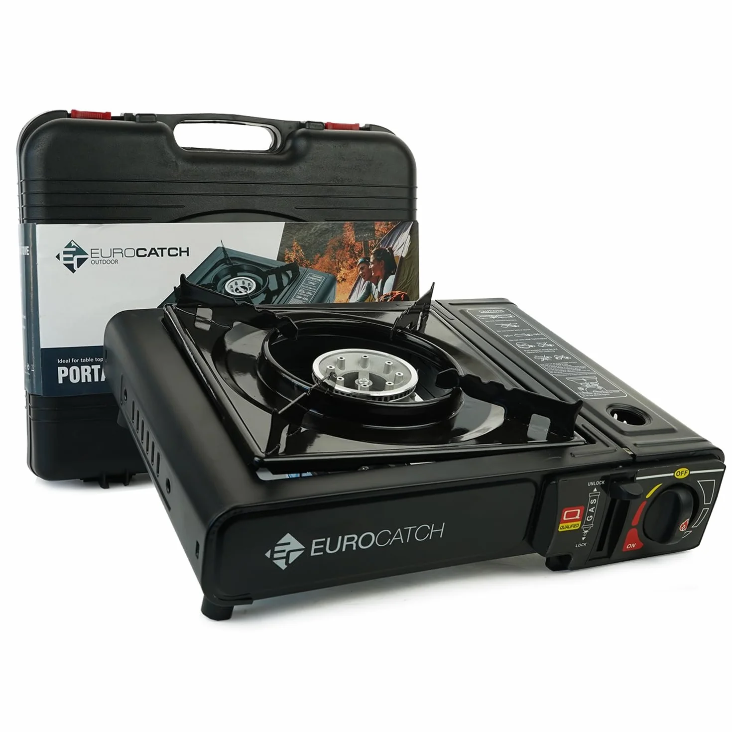 Réchaud à gaz - incl. 4 cartouches de gaz - Réchaud de camping - Brûleur à gaz - Cuisinière à gaz - Plaque de cuisson - Cuisinière - Mallette de transport - gris foncé.