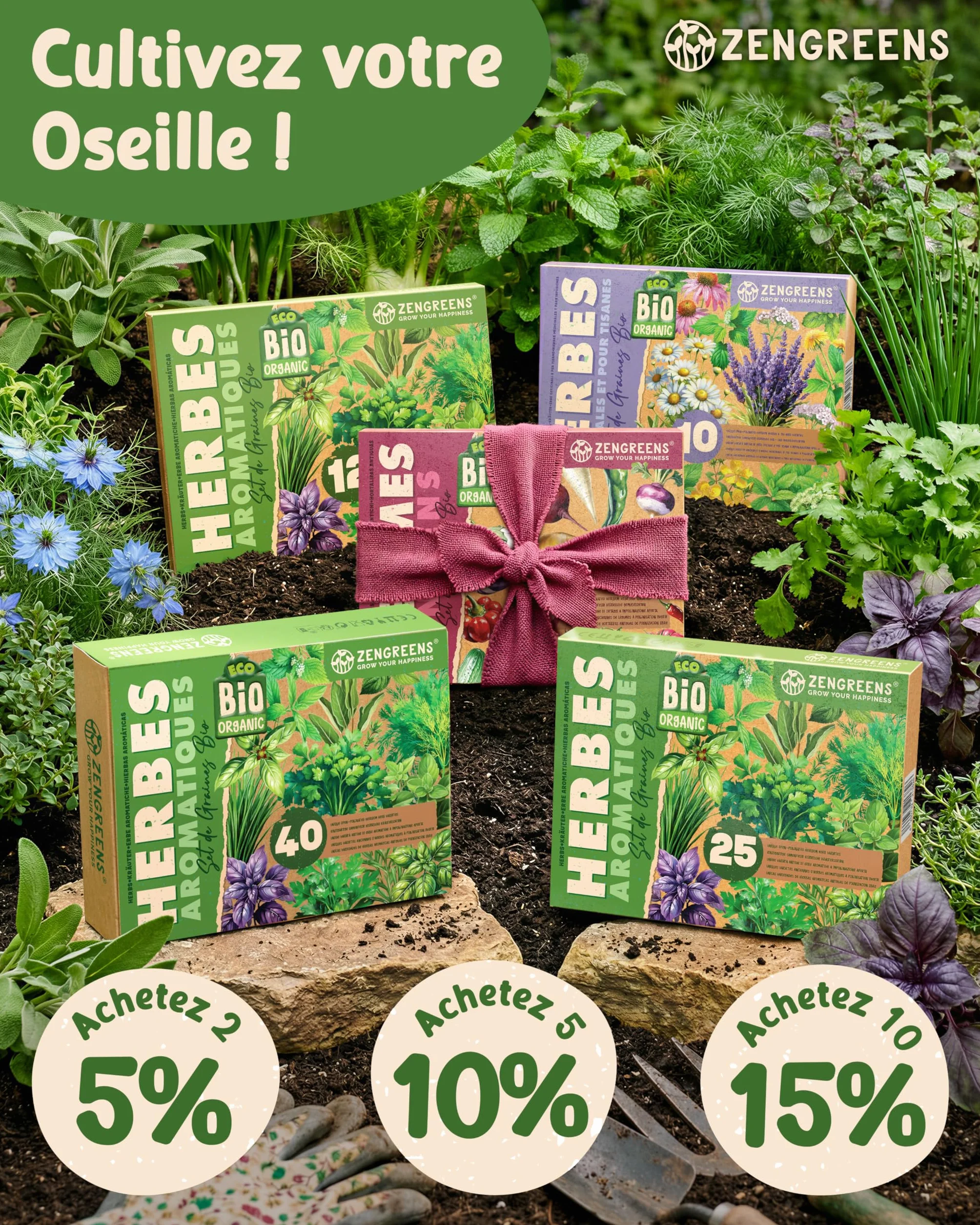 Kit de graines de herbes aromatiques bio 25 variétés ZenGreens® pour jardin balcon jardinière