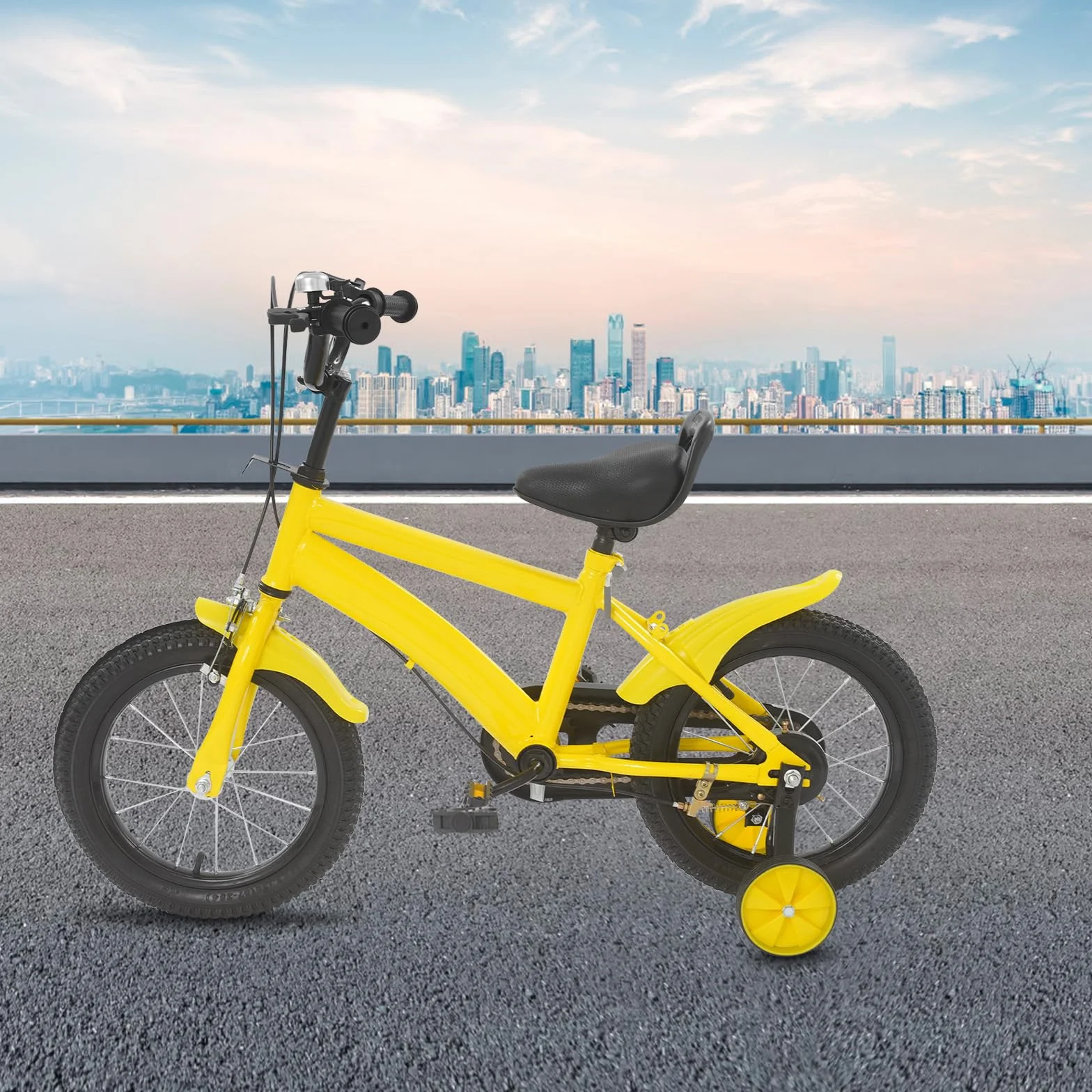 Vélo pour enfant 14 pouces, avec stabilisateurs, vélo pour garçon et fille, guidon et selle réglables en hauteur, cadre léger en acier au carbone, double système de freinage, garde-boue