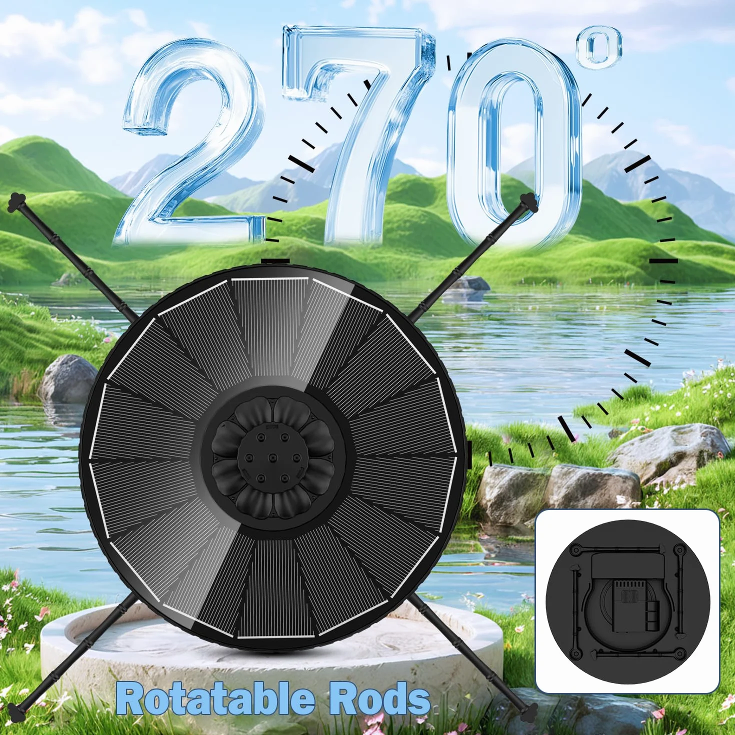 Fontaine Solaire Yzert 3.5W Extérieur Flottante Pompe Bassin 2000mAh 7 Buses 4 Barres Rotatives Jardin Noir