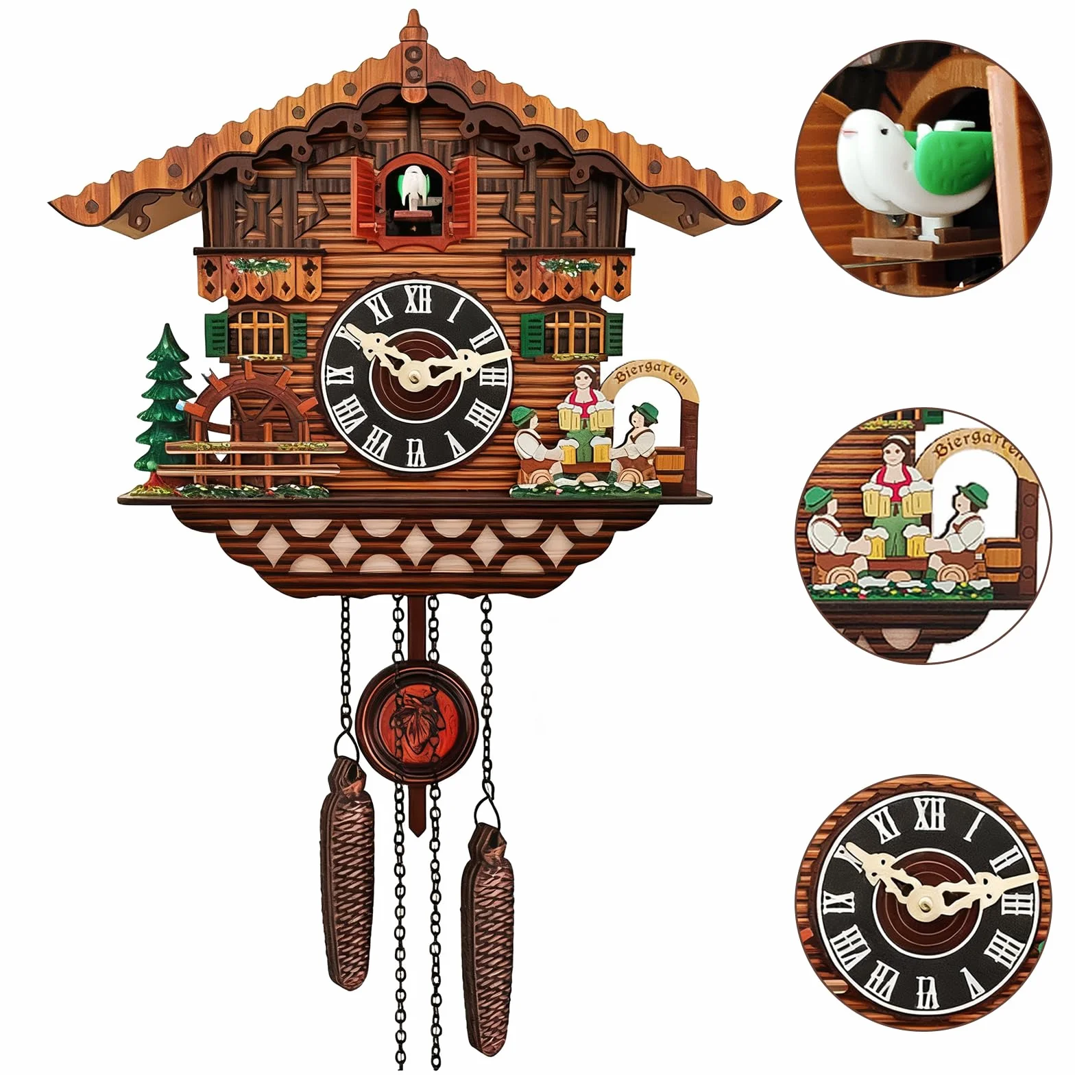 Horloge coucou en bois fait main avec oiseau - Horloge murale à quartz antique avec contrôle du volume