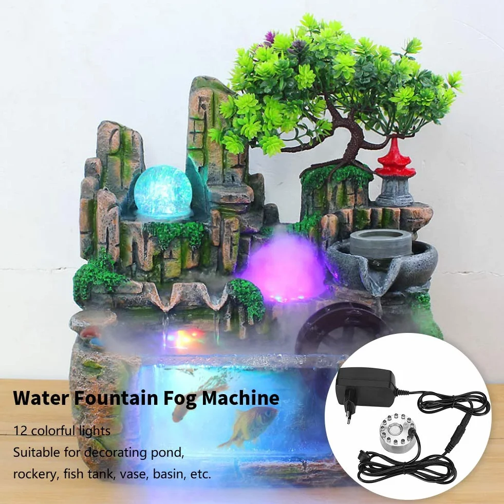 Brumisateur à Ultrasons, Mini Fontaine d'Eau avec 12 Lumières, Humidificateur pour Bassin et Étang 100-240V