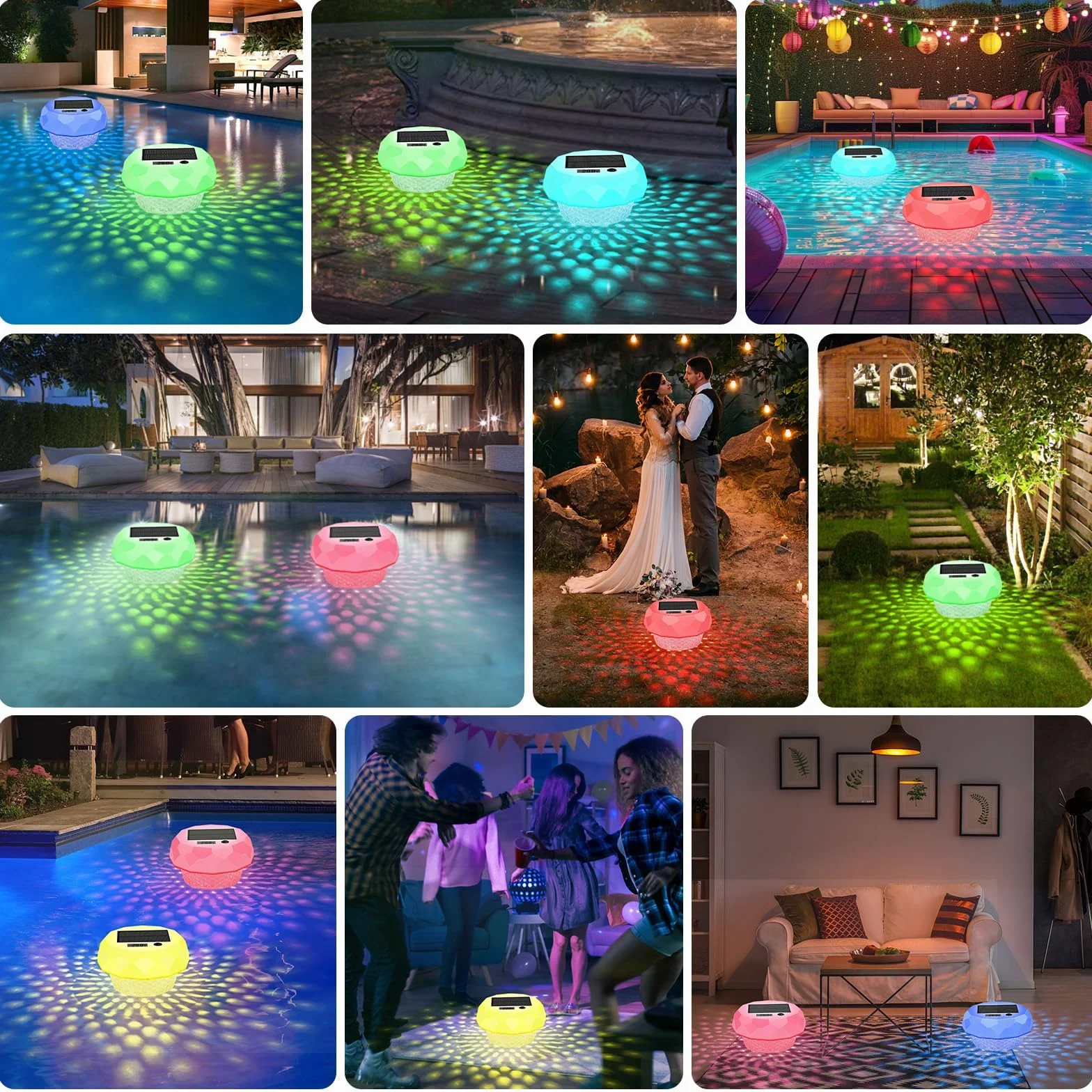 Lumiere Solaires Piscine LED RGB avec Thermomètre Télécommande IP68 Lampe Flottante